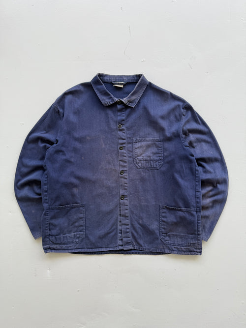 Thrashed Blue Herringbone French Vintage Workwear Chore Jacket CH363 - Large