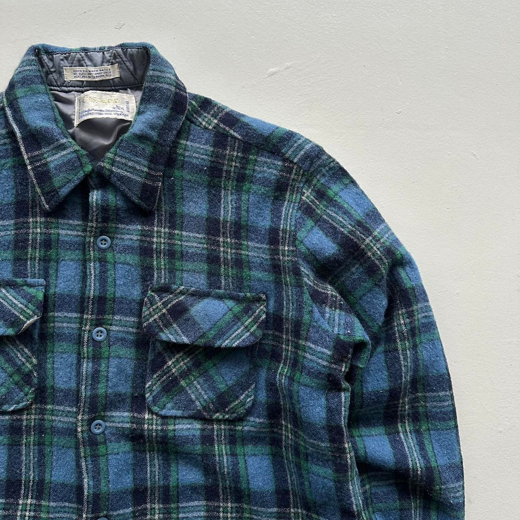 Green Blue Cascade Woollen Checkered Long Sleeve 60s Vintage Flannel Shirt - Small