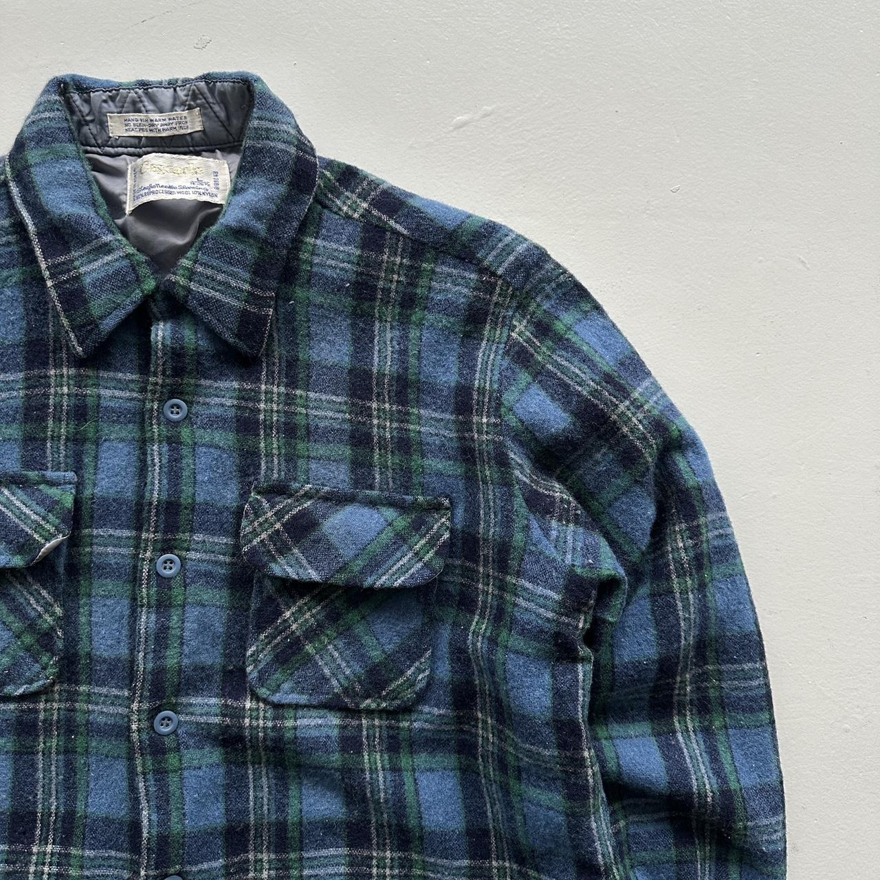 Green Blue Cascade Woollen Checkered Long Sleeve 60s Vintage Flannel Shirt - Small
