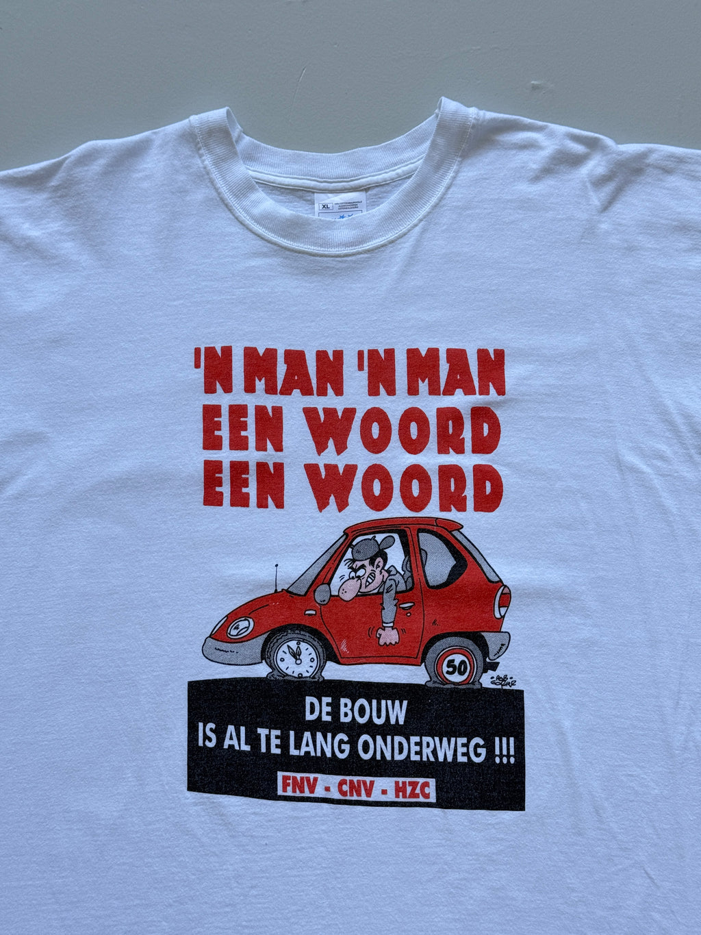 White Dutch Union FNV CNV HZC Car Cartoon 90's Vintage Graphic T-Shirt - XL