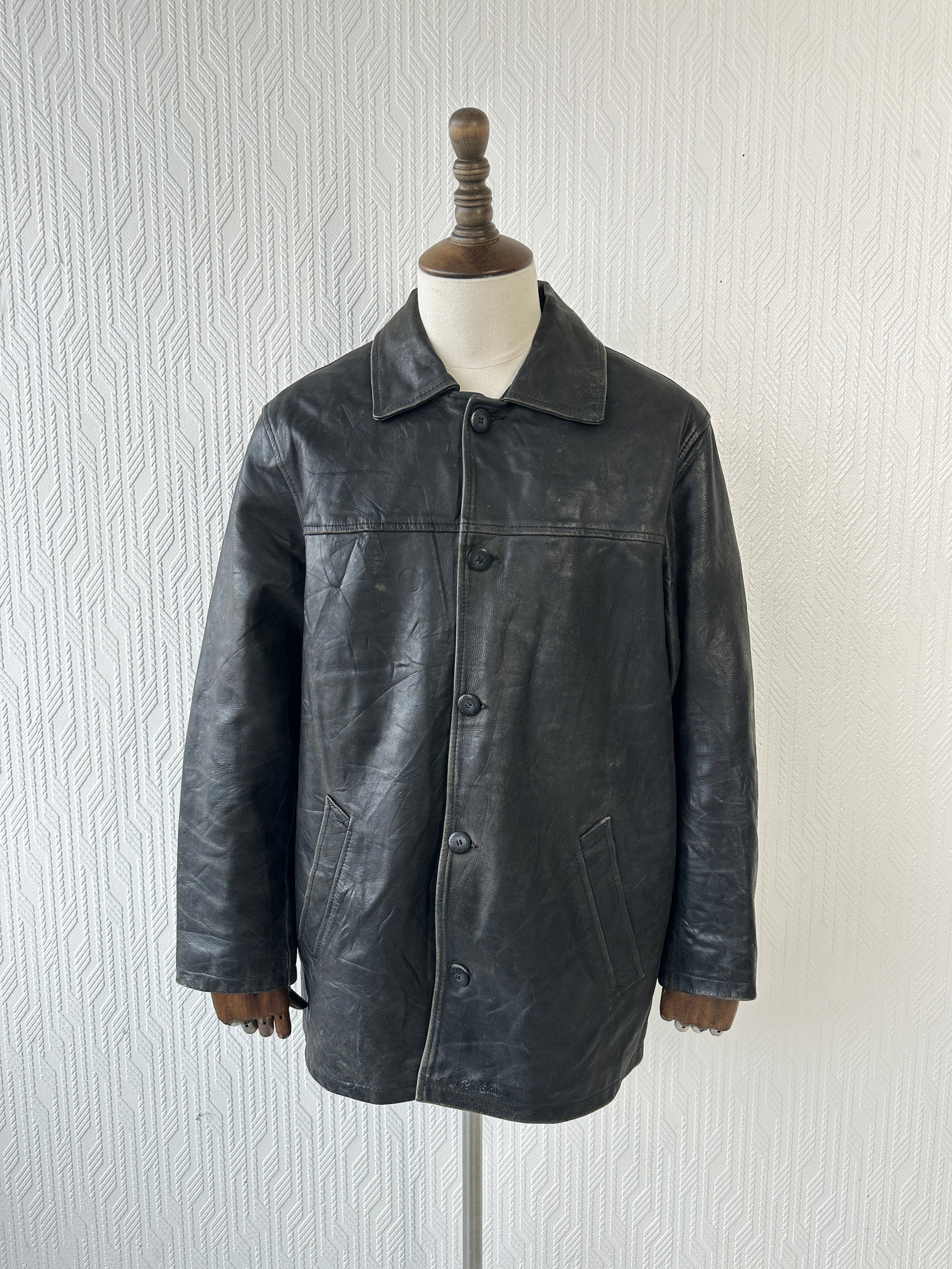 Black Vintage Redskins Leather Jacket 80's 1984 Box Jacket- XL