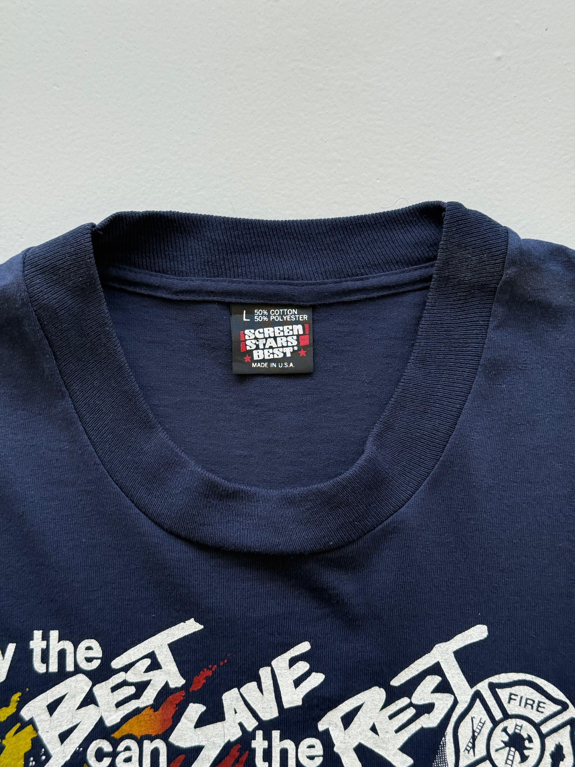 Navy Blue 80's Vintage Single Stitch Firefighter Graphic T-Shirt - Medium
