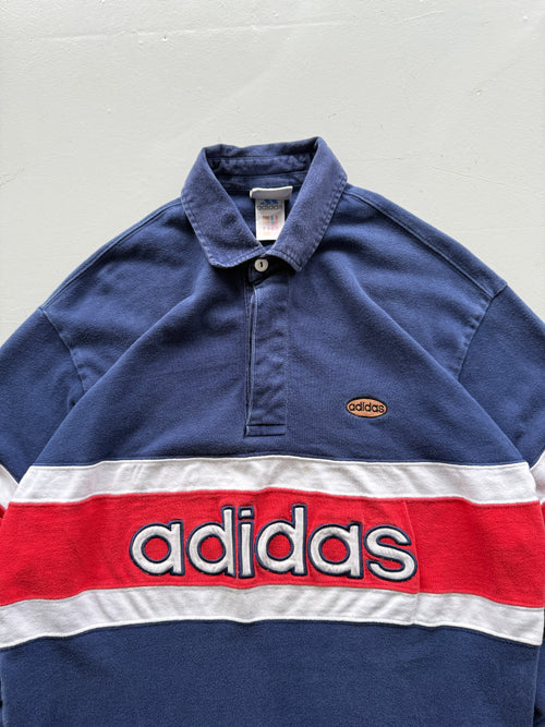 Faded Blue Adidas 90's Vintage Long Sleeve Rugby Jersey Polo - Large