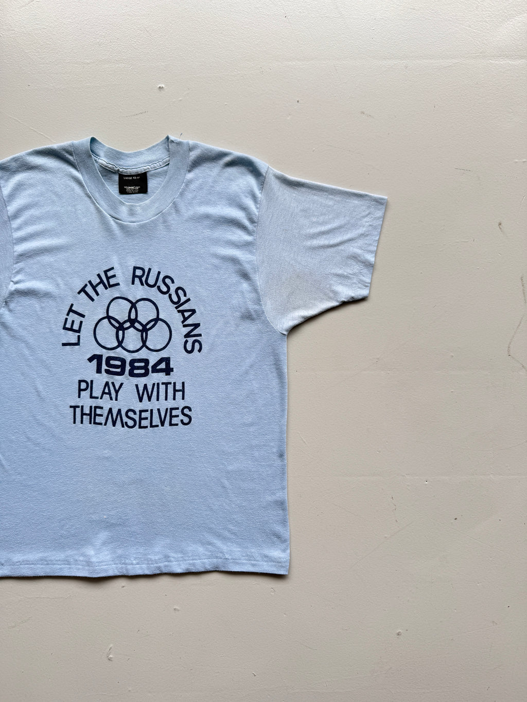 Light Blue Let The Russians 1984 Olympics 80's Vintage Cropped T-Shirt - Small