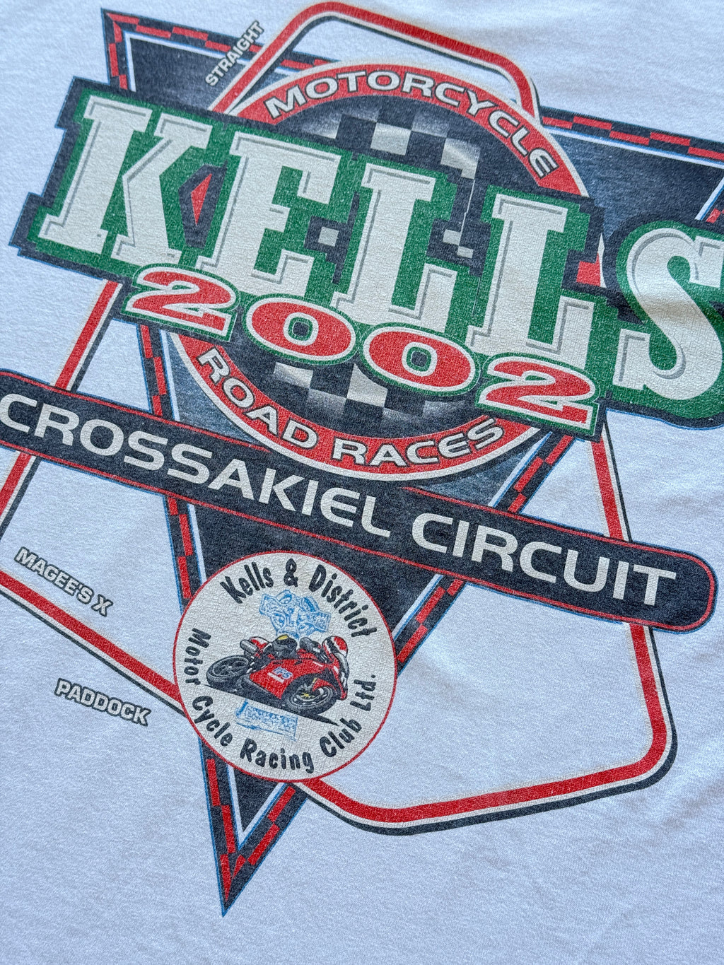 White Kells 2002 Motorcycle Road Races Crossakiel Circuit Y2K Graphic T-Shirt -