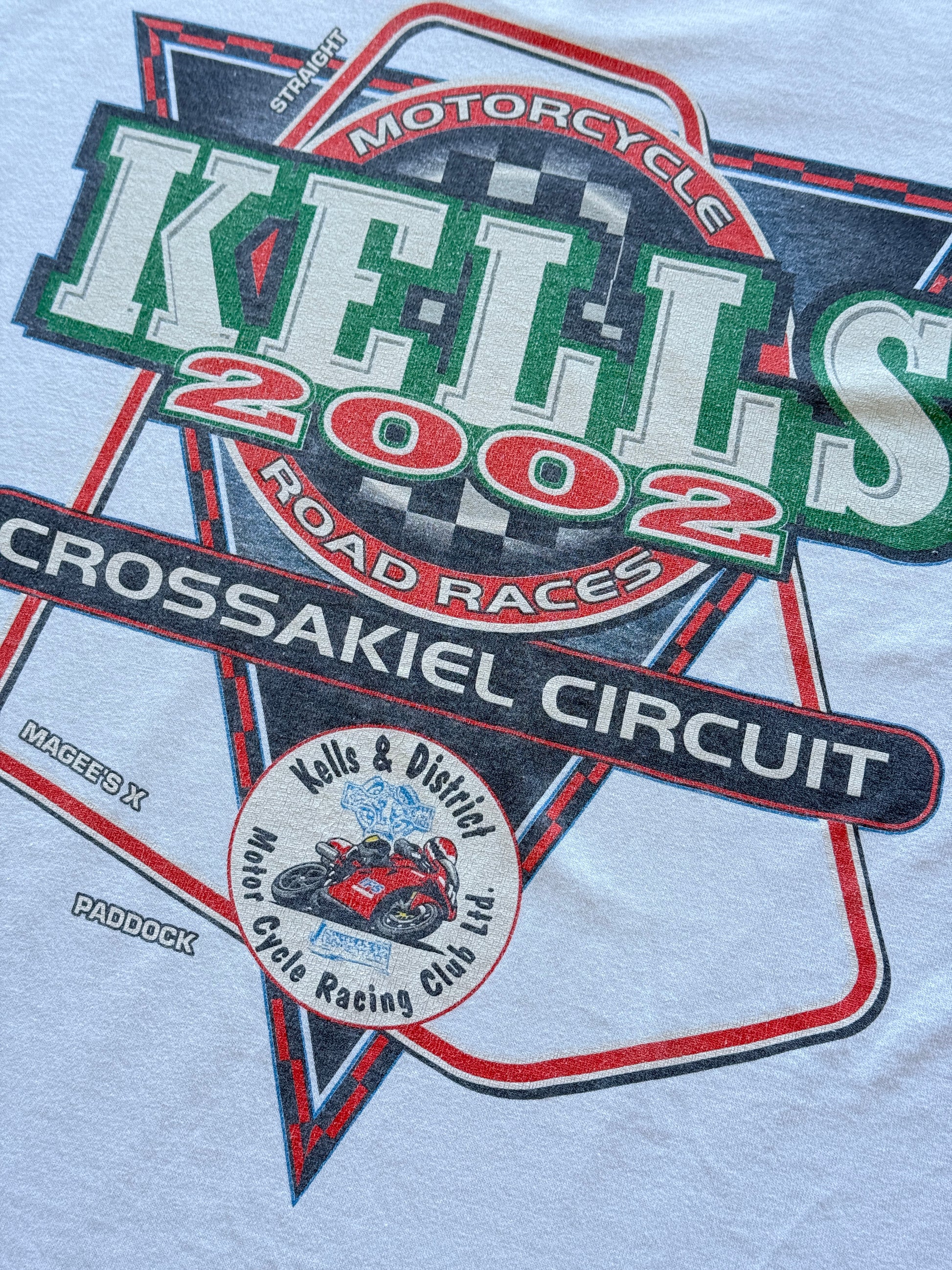 White Kells 2002 Motorcycle Road Races Crossakiel Circuit Y2K Graphic T-Shirt -