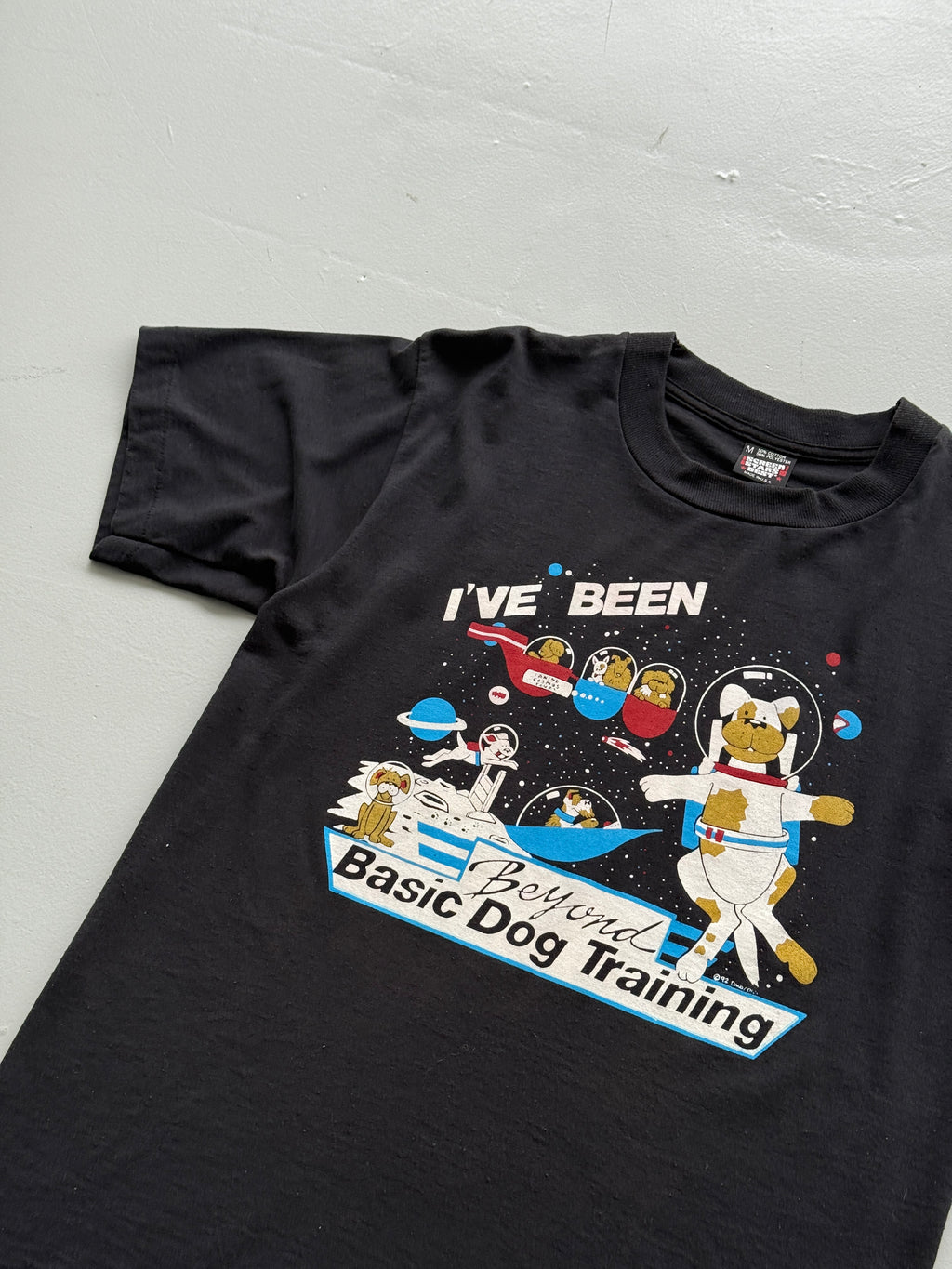 Black Space Dog 90's Vintage Graphic Single Stitch Illustrated T-Shirt - Small