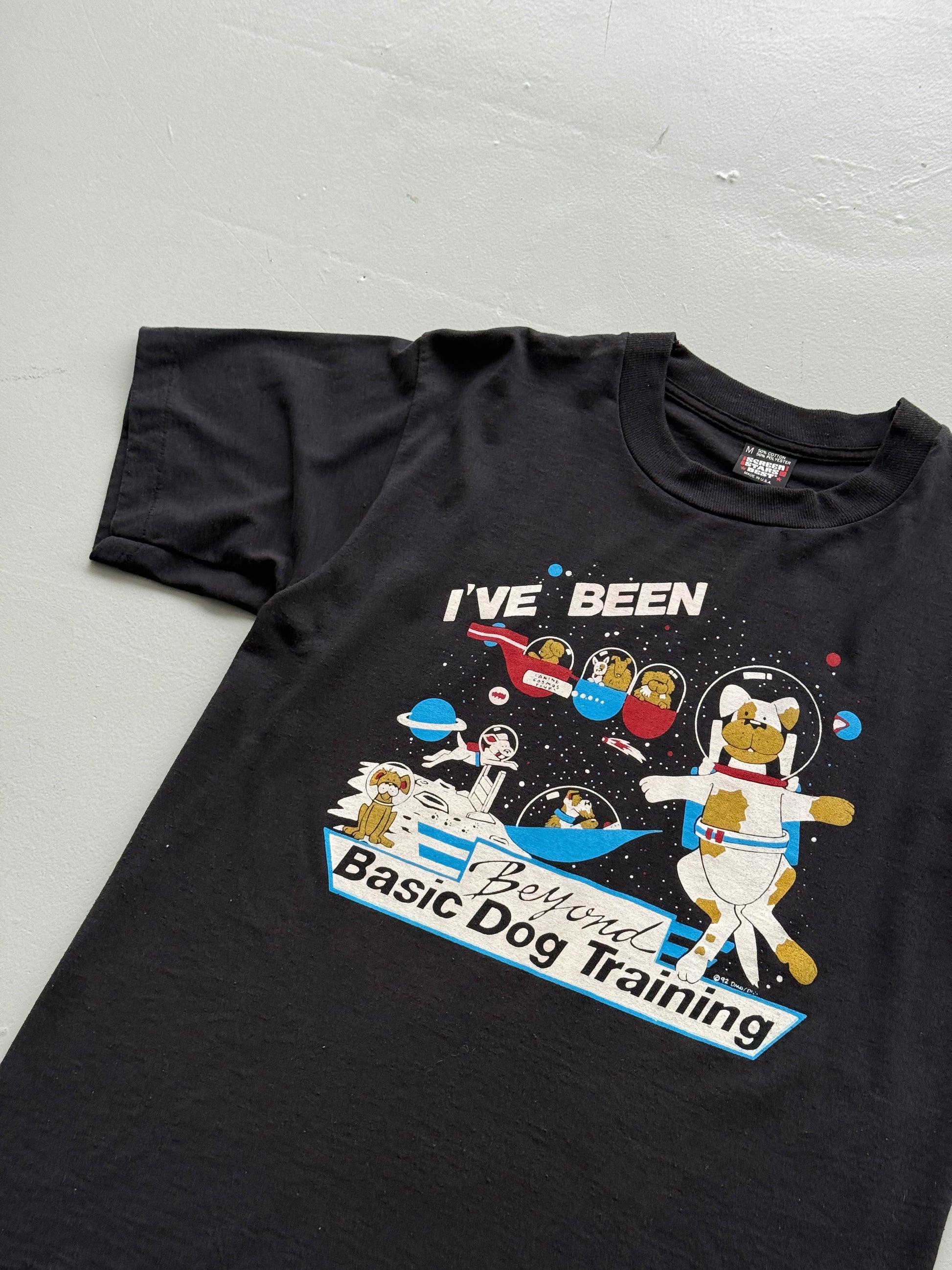 Black Space Dog 90's Vintage Graphic Single Stitch Illustrated T-Shirt - Small