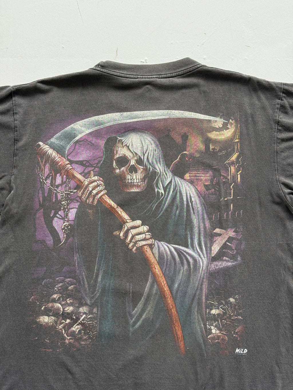 Grey Sun Faded Grim Reaper 90's Vintage Gothic Single Stitch T-Shirt- Boxy Large