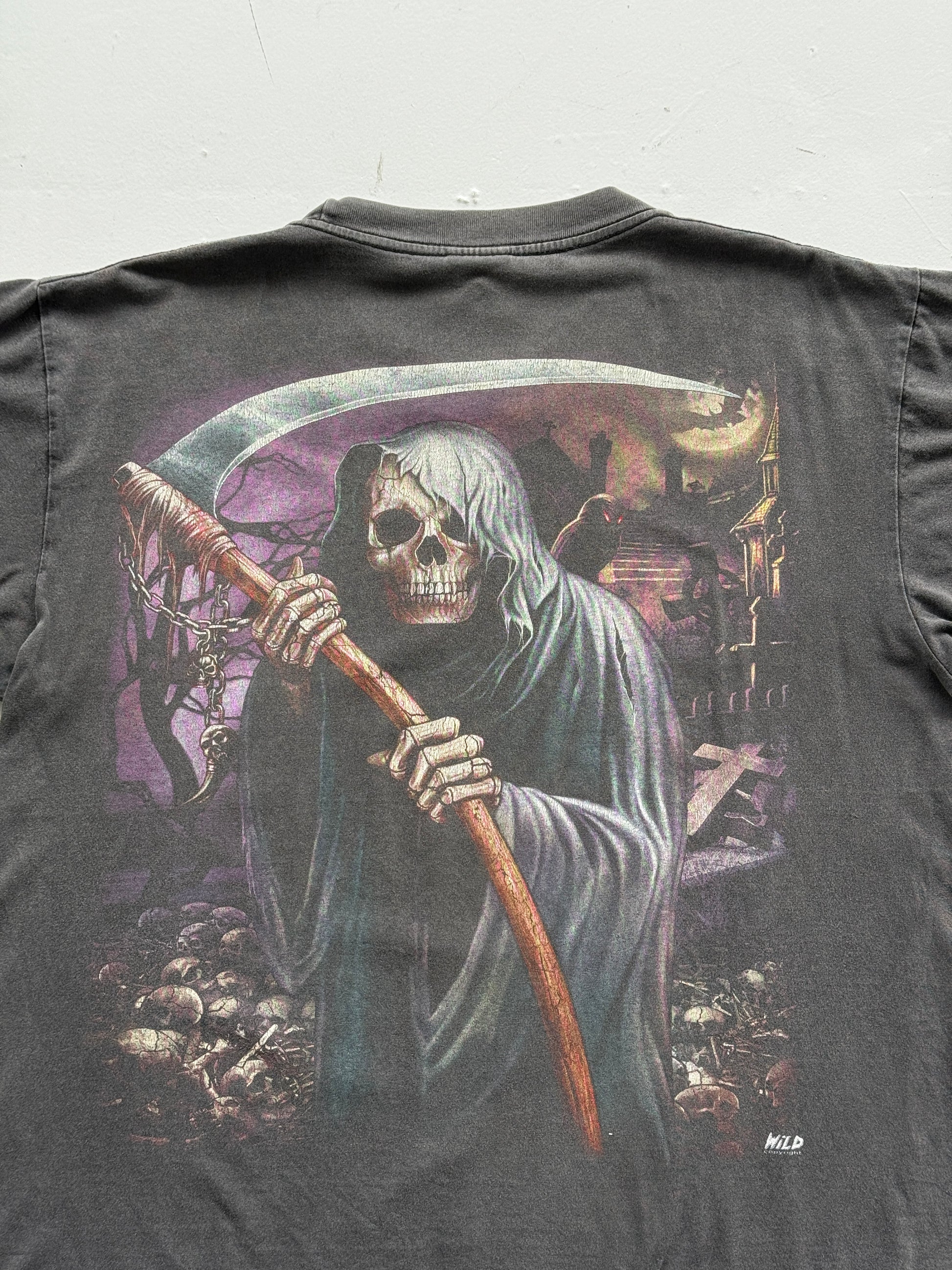 Grey Sun Faded Grim Reaper 90's Vintage Gothic Single Stitch T-Shirt- Boxy Large