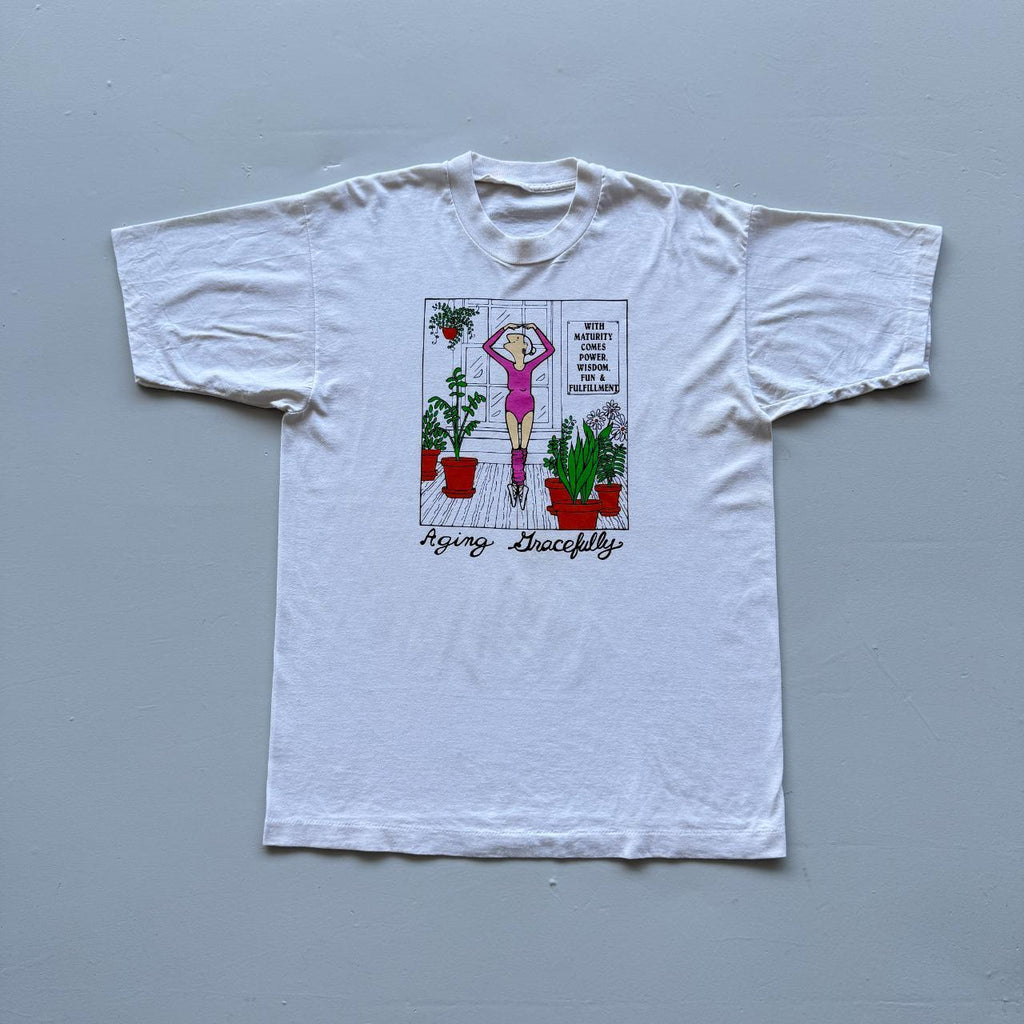 White Aging Gracefully Cartoon Vintage 90s T-shirt - Large