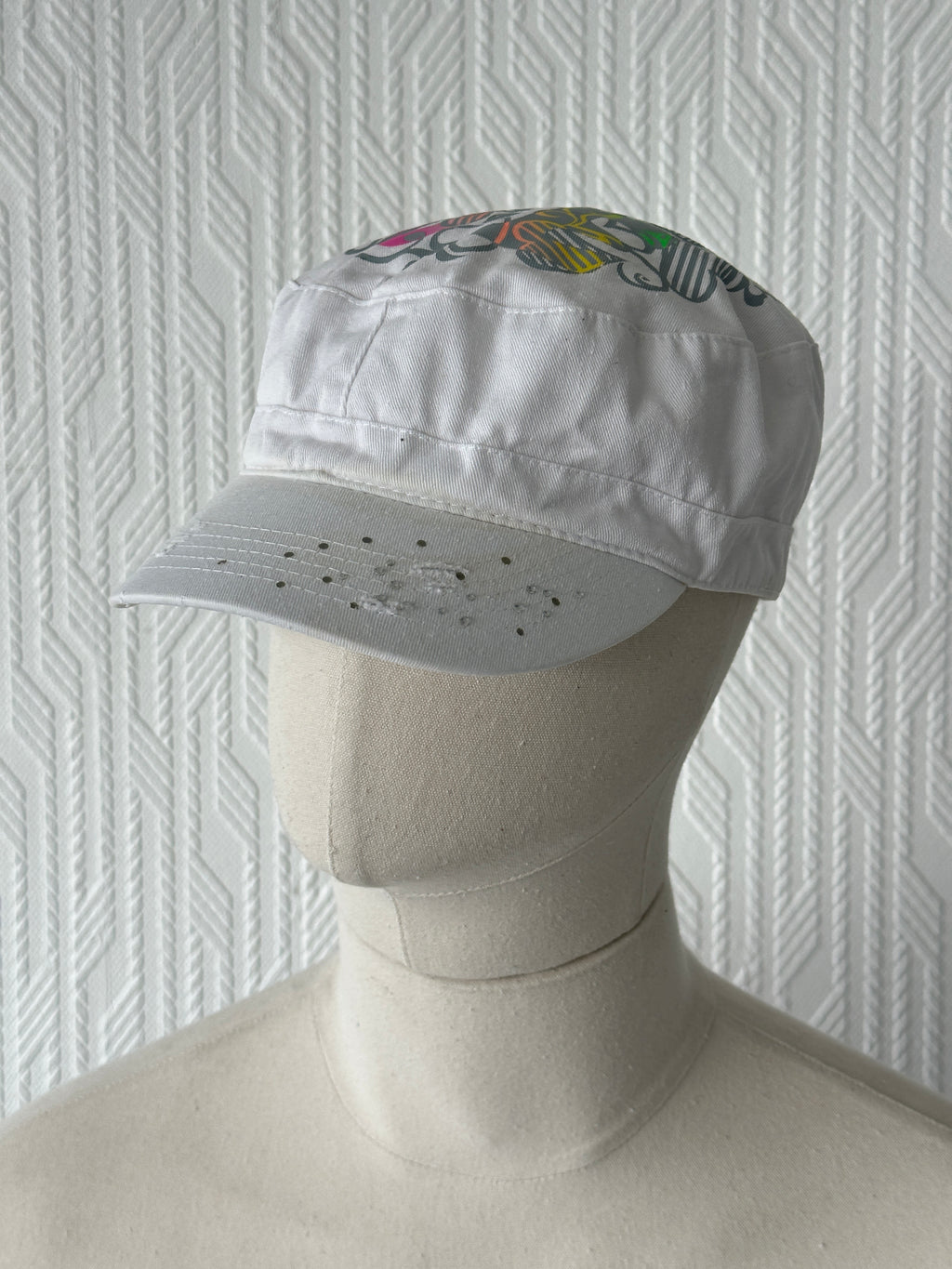 White LOVE Studded Y2K Cadet Cap Military Style 00's Grunge Aesthetic