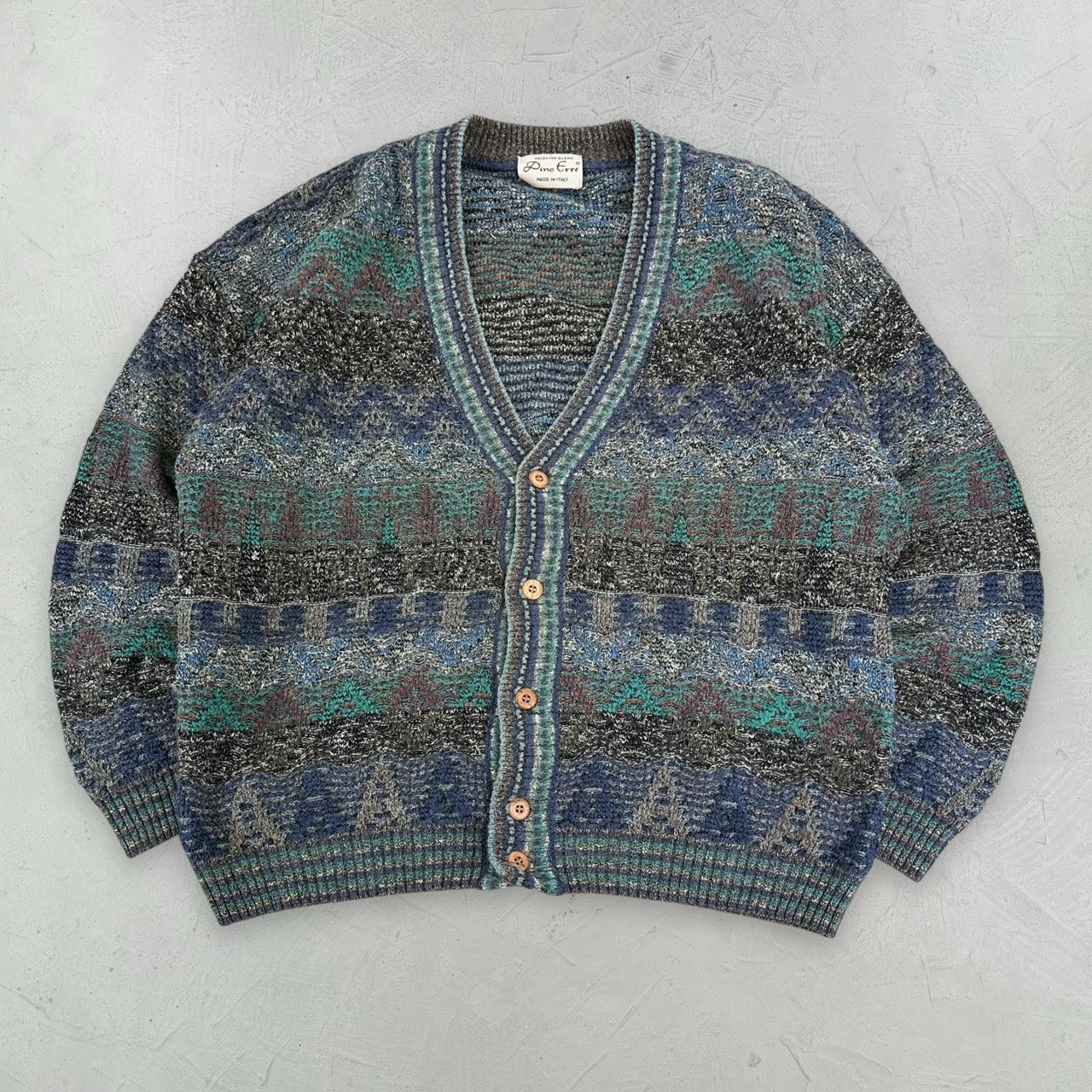 Grey and Blue Knitted Vintage 90s cardigan - XL