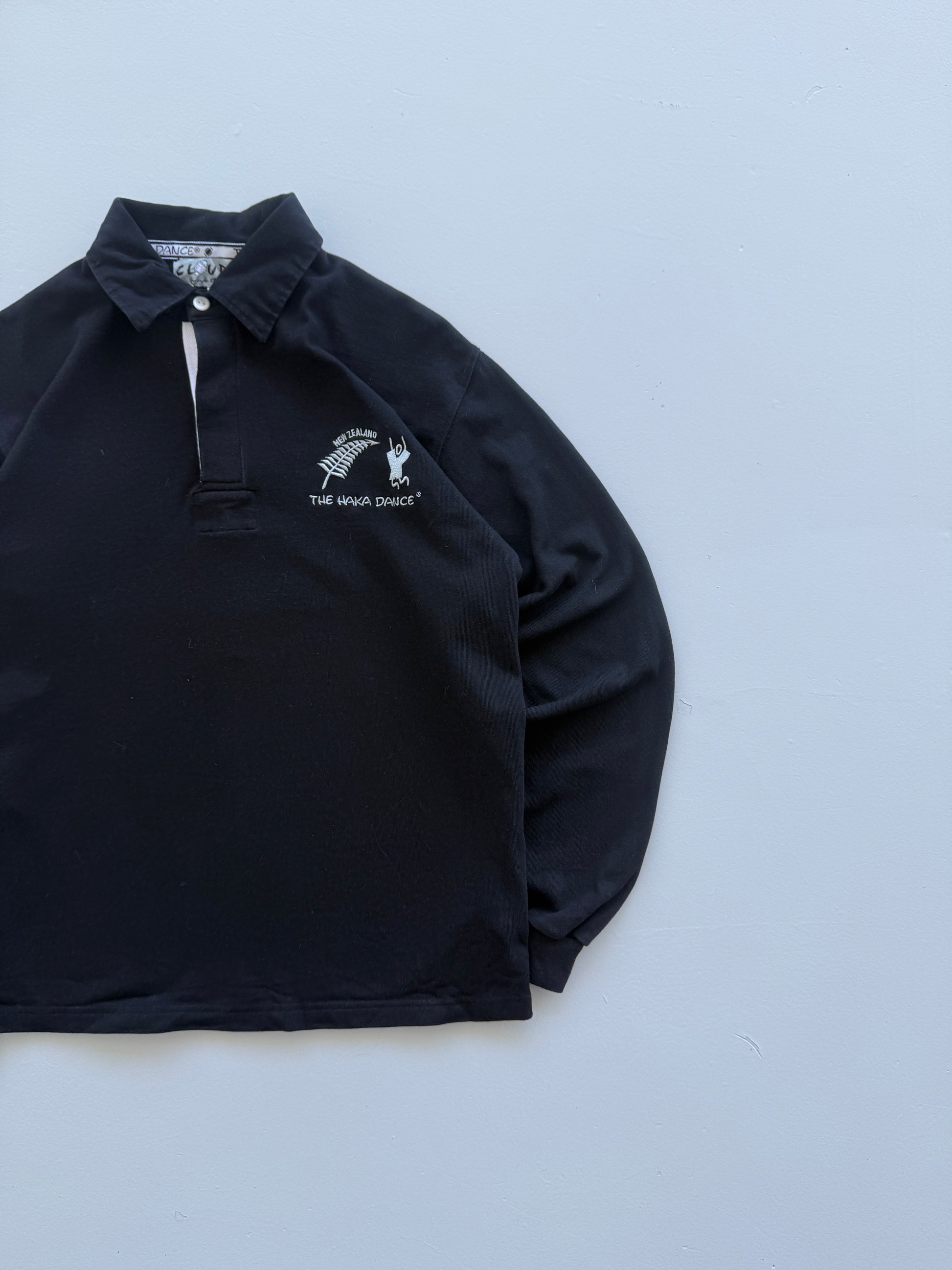 Black New Zealand Rugby 00's Vintage Haka Dance Graphic Polo Shirt - Medium