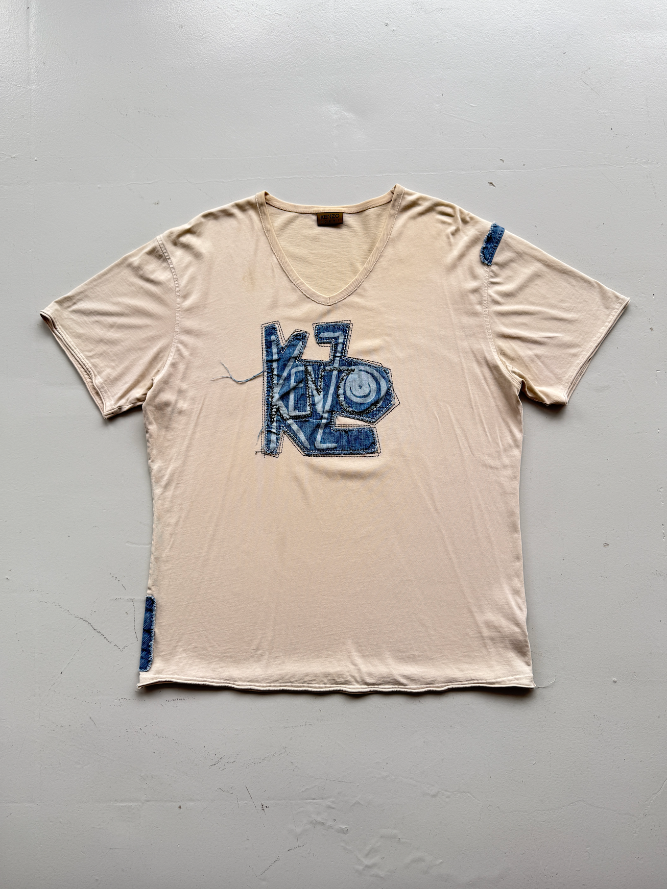 Beige Kenzo Y2K Denim Embroidered V-Neck T-Shirt 00's Vintage