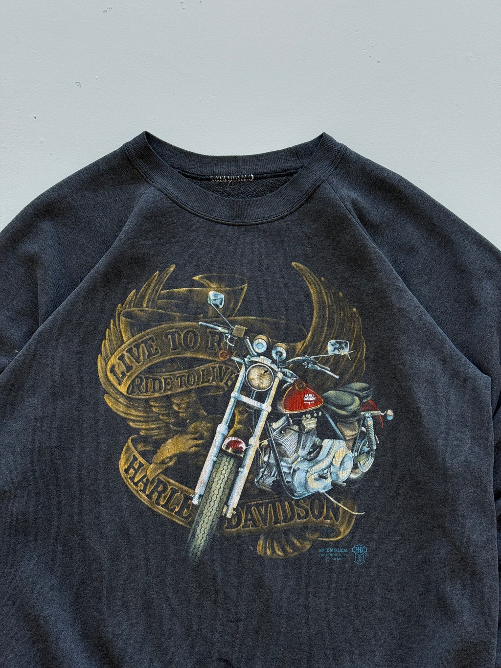Black Harley Davidson 80's Vintage 3D Emblem Graphic Biker Sweatshirt - Small
