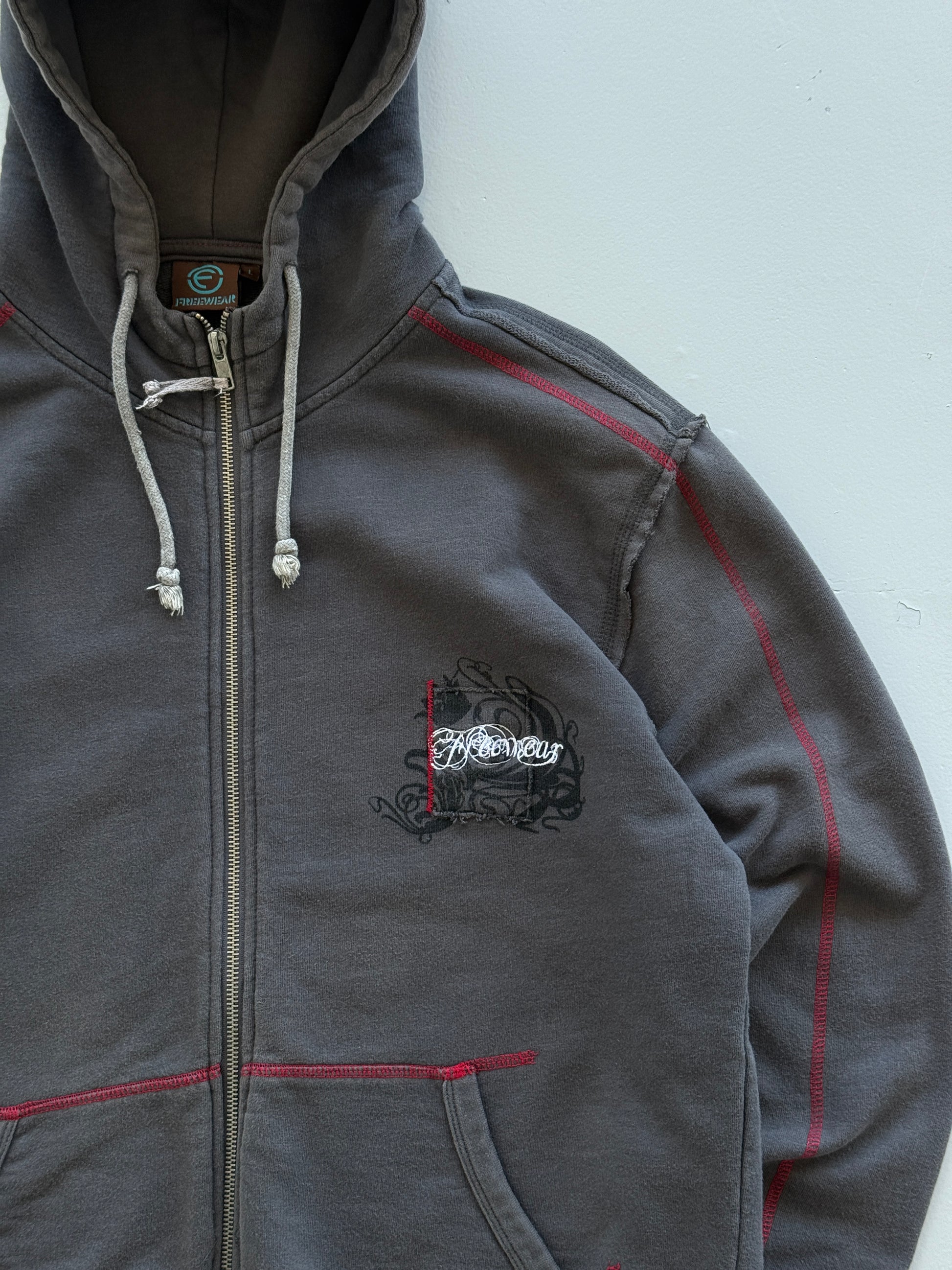 Grey Freewear 00's Vintage Y2K Full Zip Graphic Hoodie - Medium