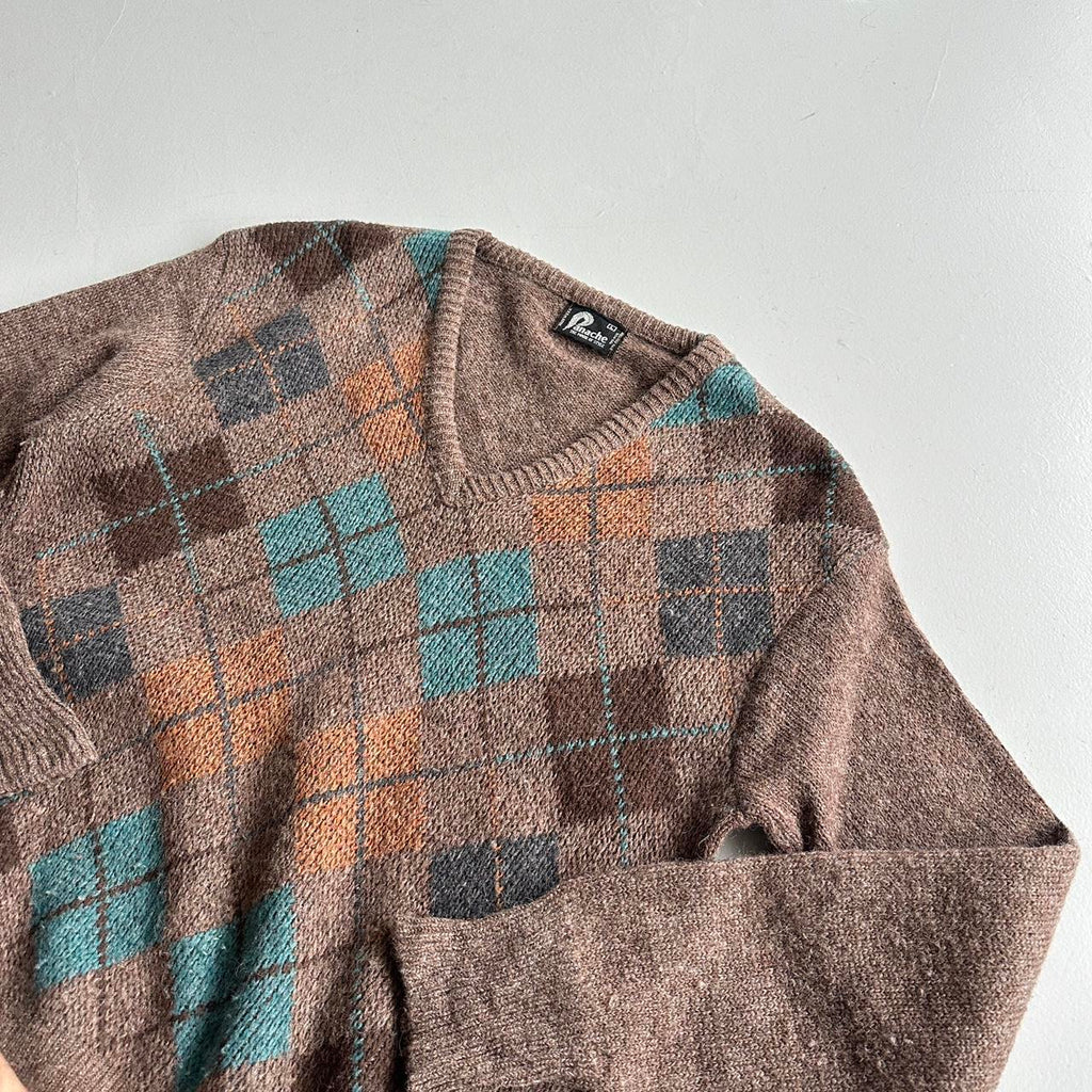 Brown Argyle Panache 90s Vintage Woollen Knit Jumper - Medium