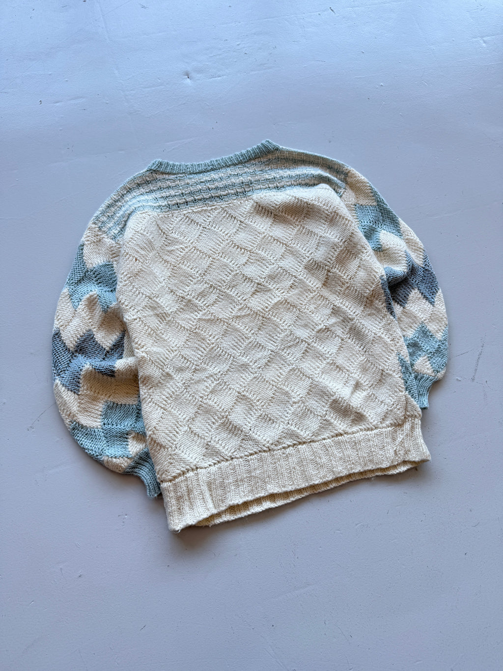 Cream Blue Argyle Knitted Vintage 90's Jumper - Medium