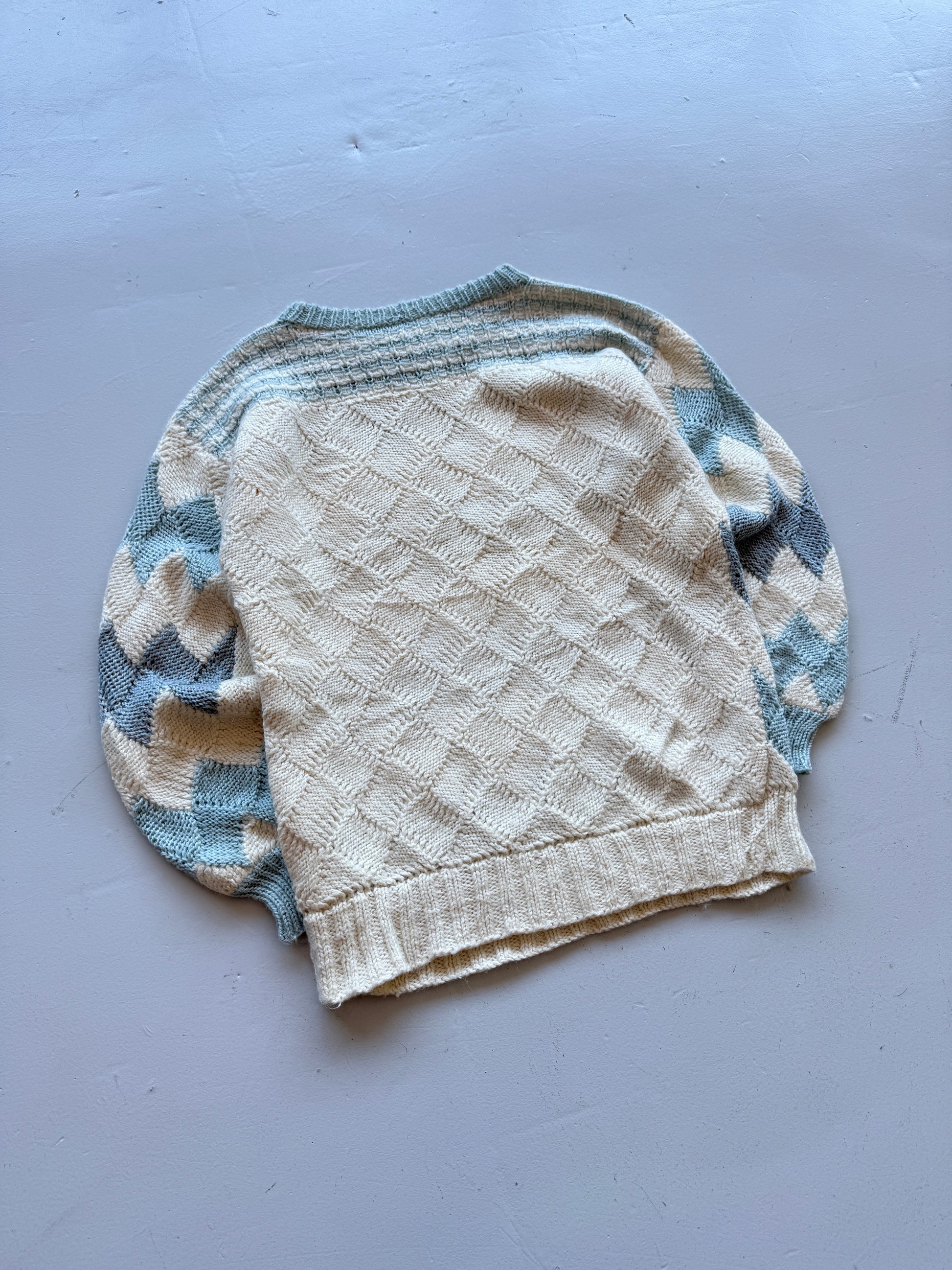 Cream Blue Argyle Knitted Vintage 90's Jumper - Medium