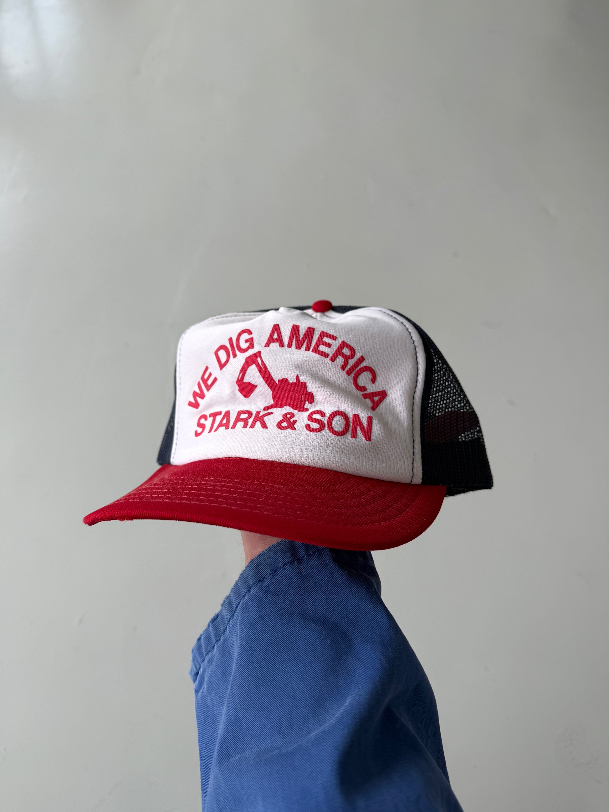 White and Red Construction Vintage Workwear Foam and Mesh SnapBack Trucker Cap
