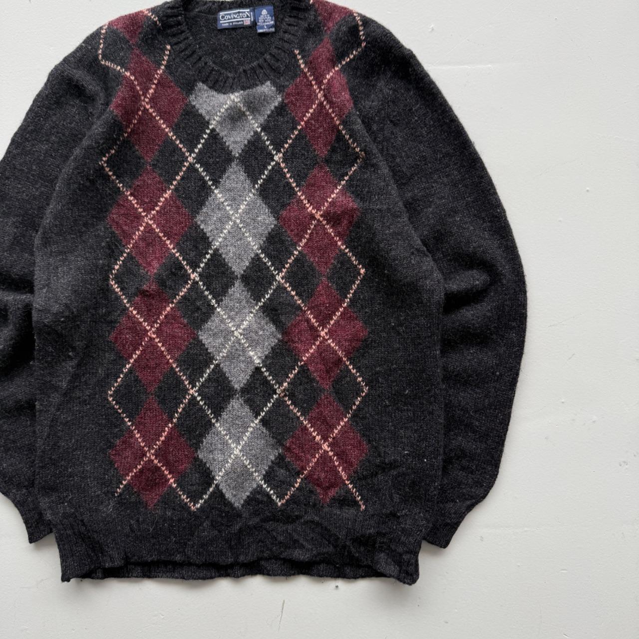 Grey Argyle Knitted 80s Vintage Knit Crew Neck Jumper - XL