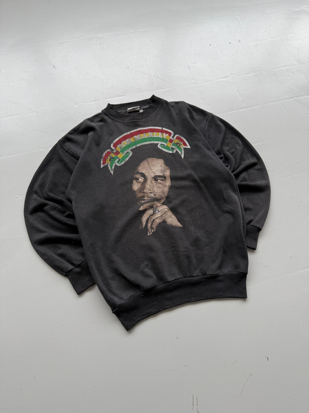 Faded Black Bob Marley 90's Vintage Thrashed  Graphic Sweatshirt- Medium