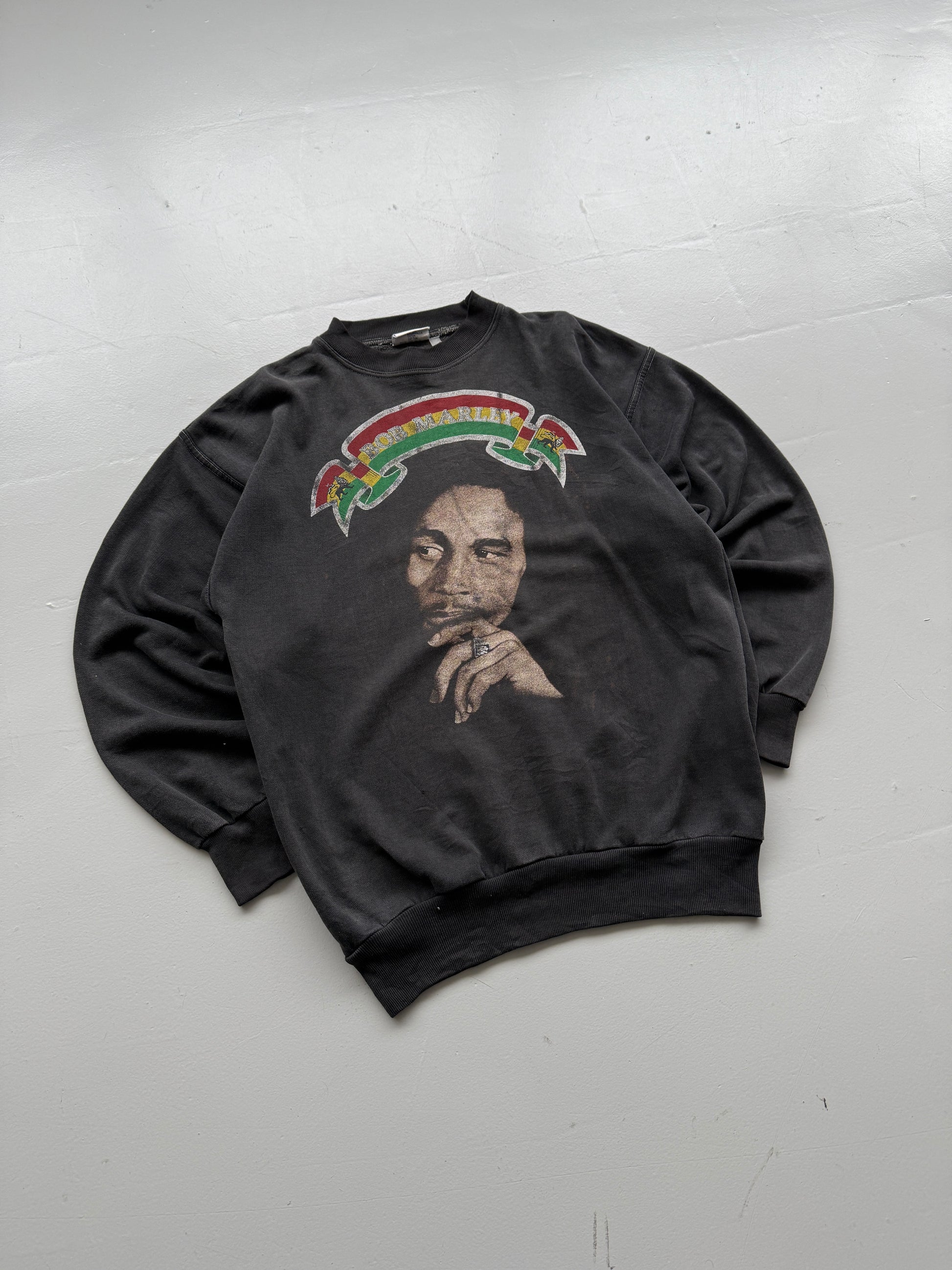 Faded Black Bob Marley 90's Vintage Thrashed  Graphic Sweatshirt- Medium