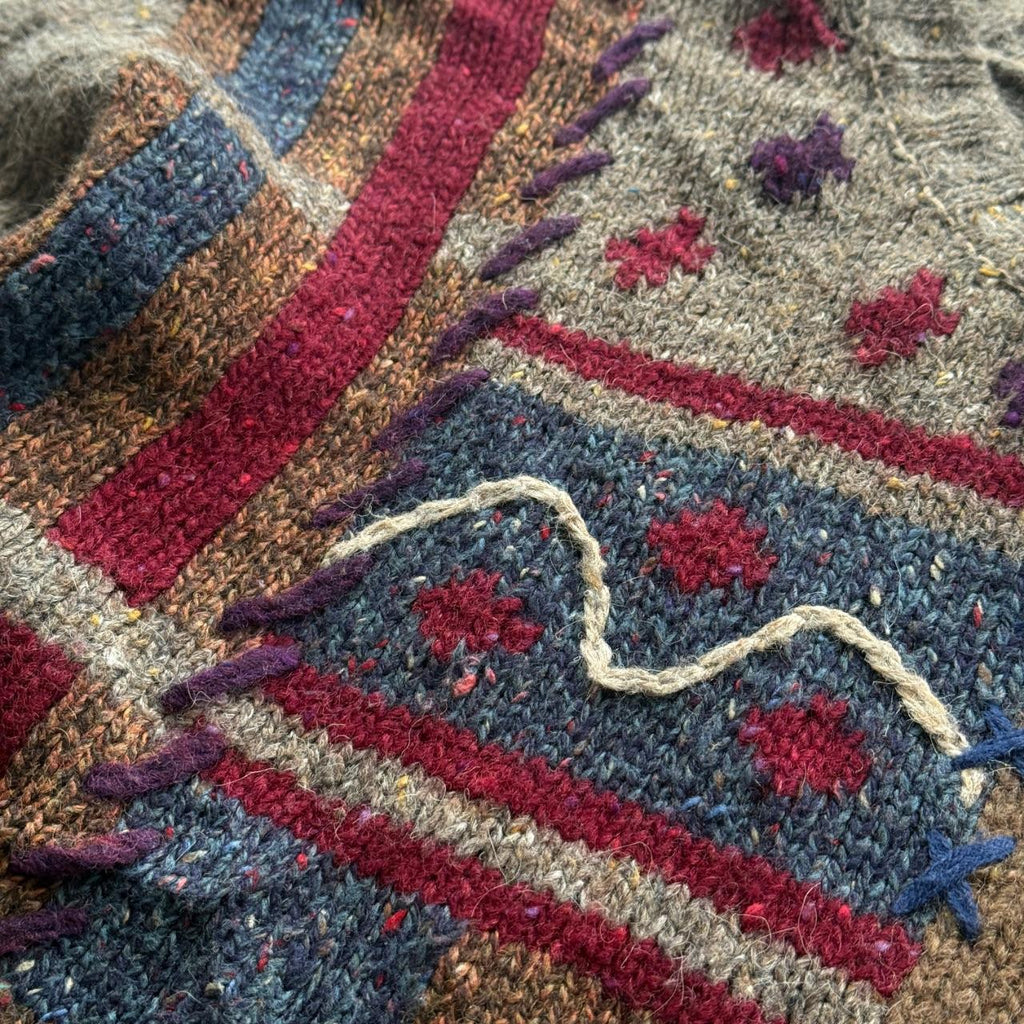 Brown Woollen 90's Vintage Patchwork Pattern Knit Jumper - Mens Large - Womens 12