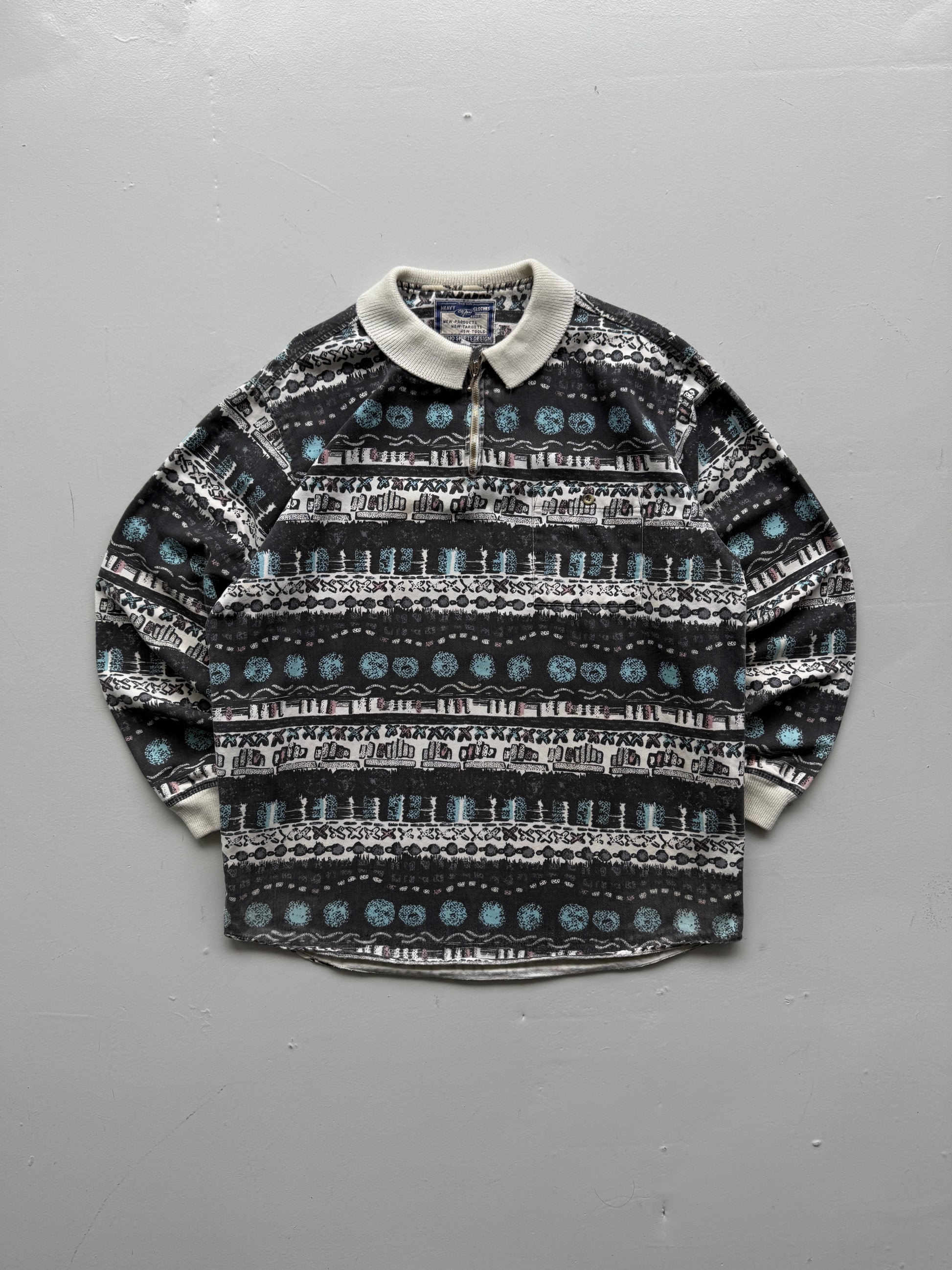 Striped Pattern Studio Shirt 80's Vintage Quarter Zip Pullover - XL