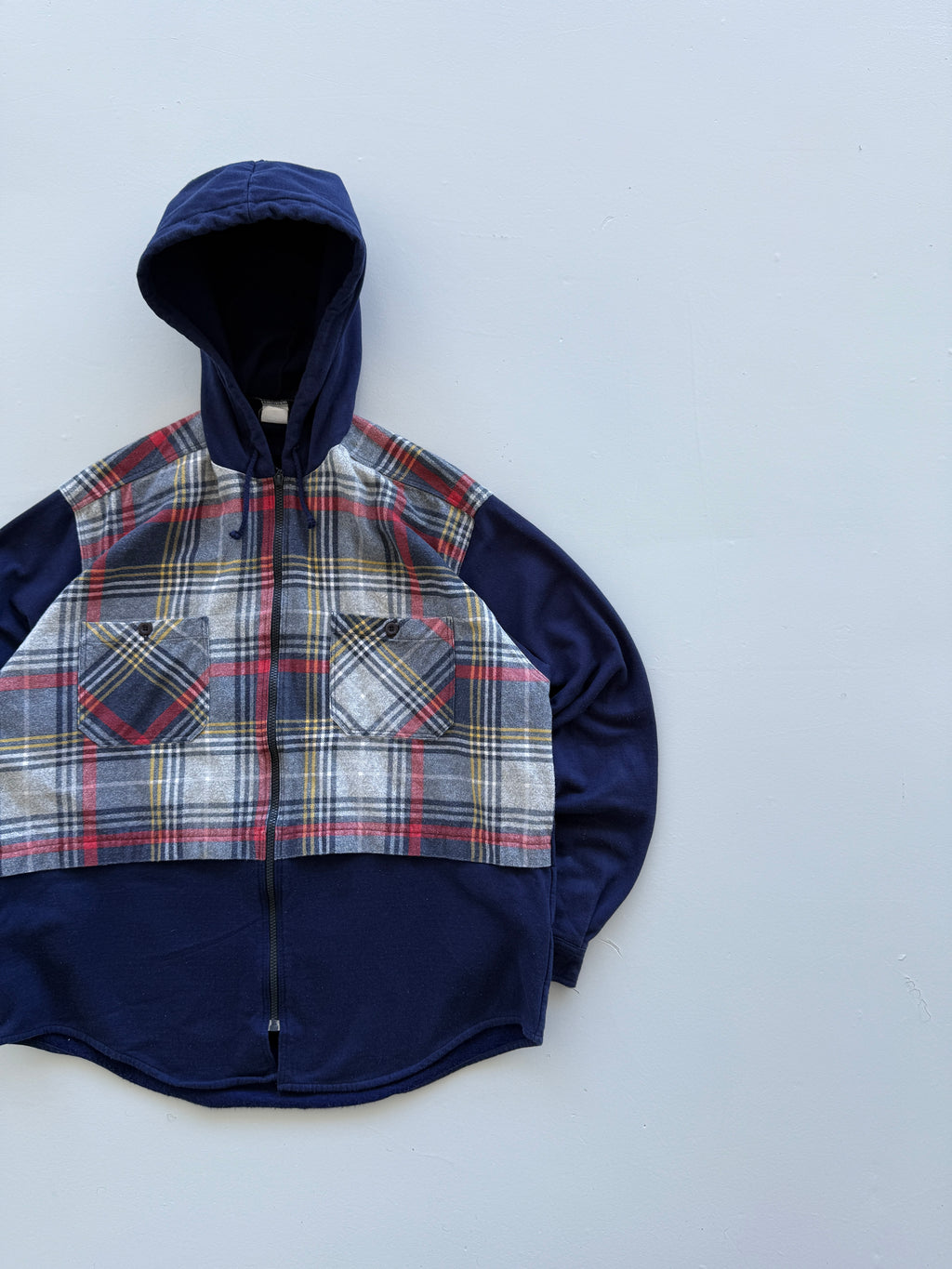 Navy Blue The Mix 90's Vintage Raver Chequered Shirt Hoodie - XL