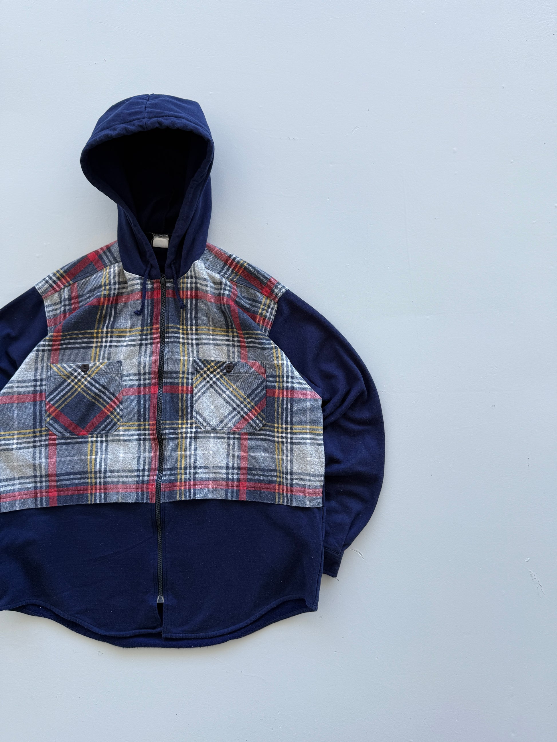 Navy Blue The Mix 90's Vintage Raver Chequered Shirt Hoodie - XL