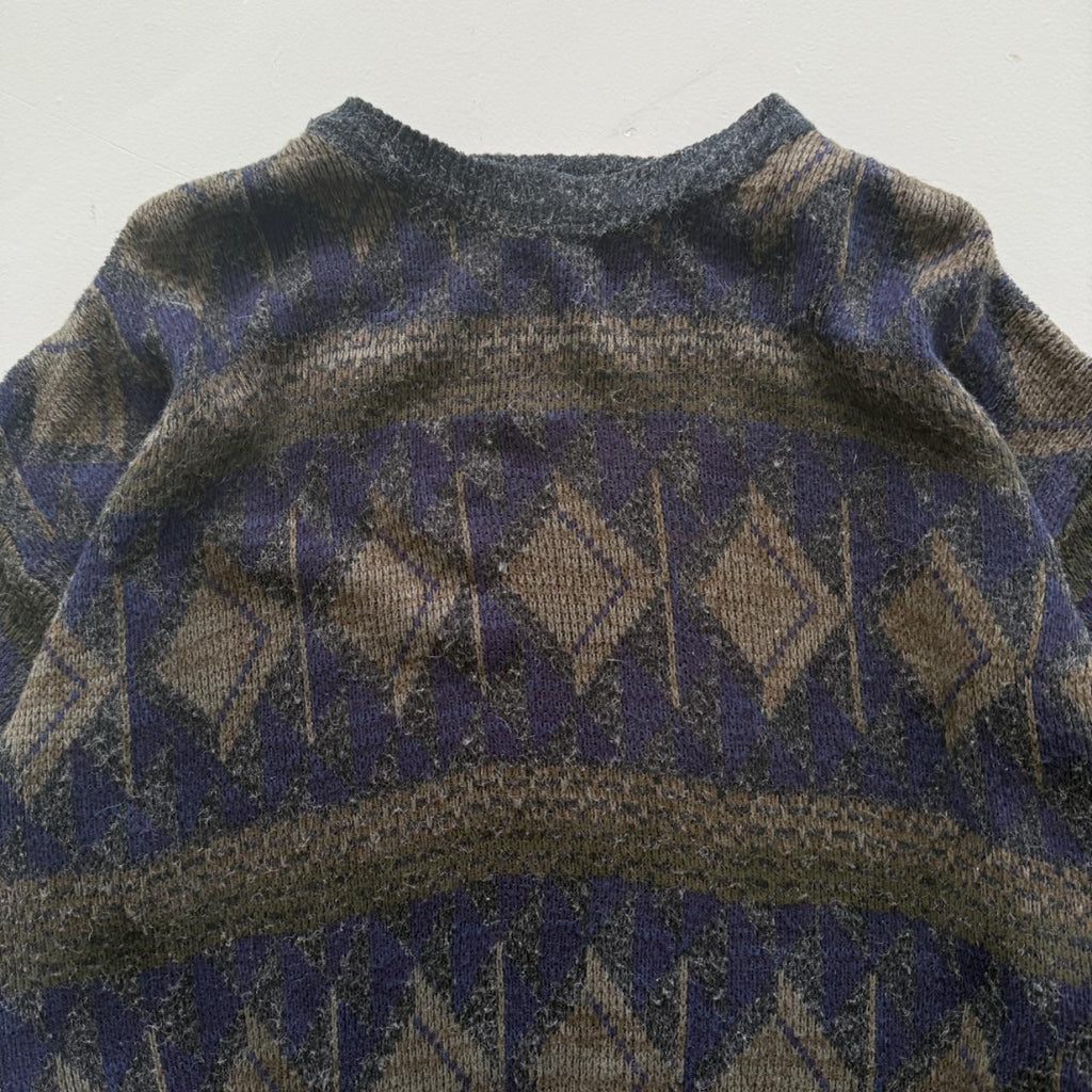 Navy Blue Patterned 90's Vintage Woollen Knit Jumper - XL