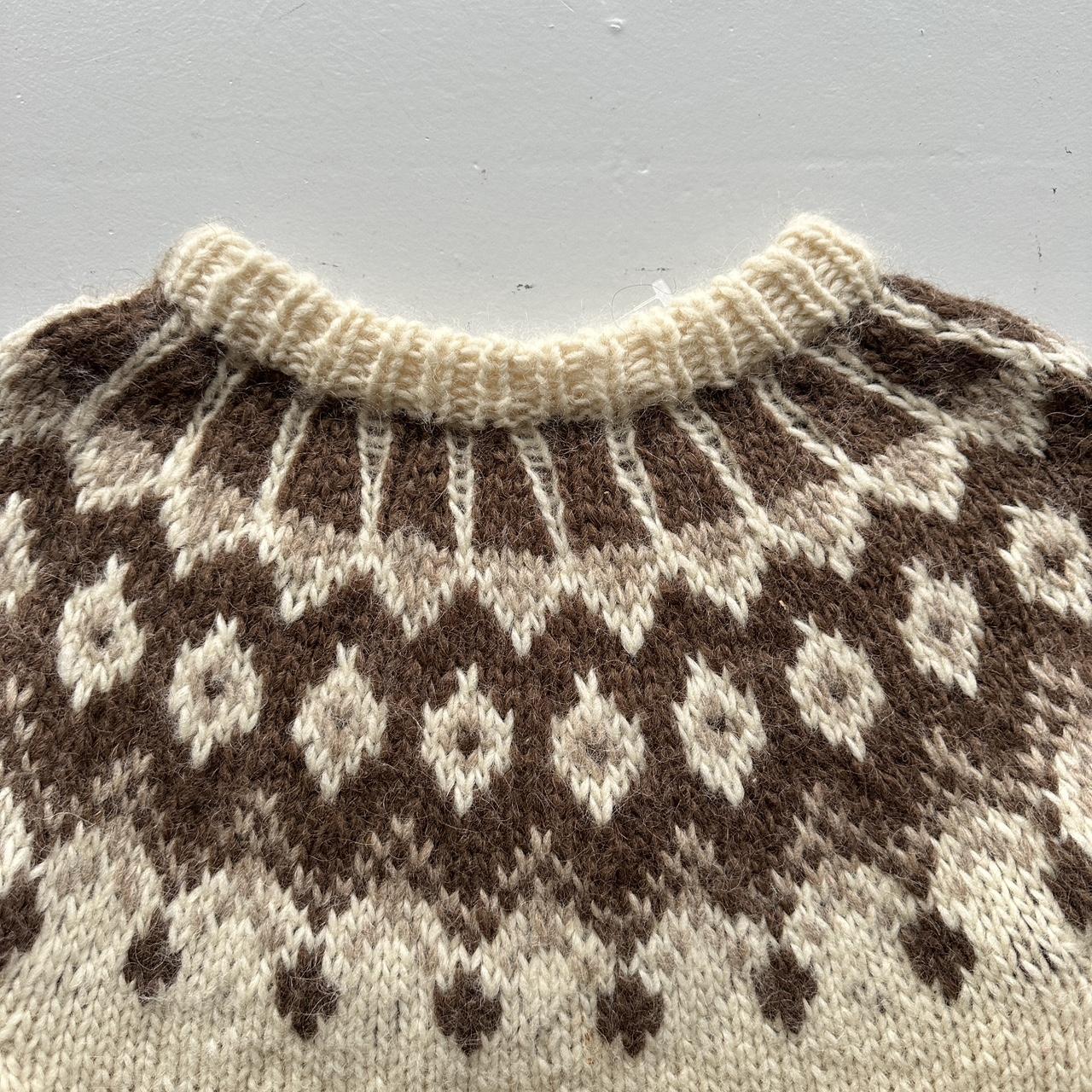 Cream Brown Patterned Hand Knit Vintage Woollen Jumper - Large 10/12