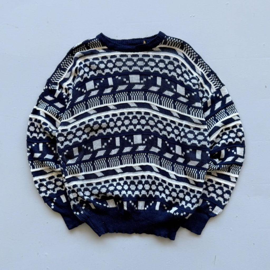 Blue Patterned Knitted 90s Acrylic Knit Jumper - Large