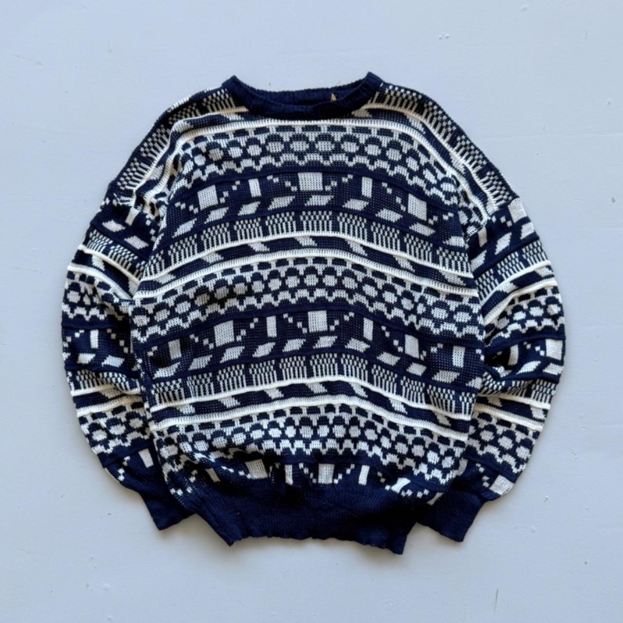 Blue Patterned Knitted 90s Acrylic Knit Jumper - Large
