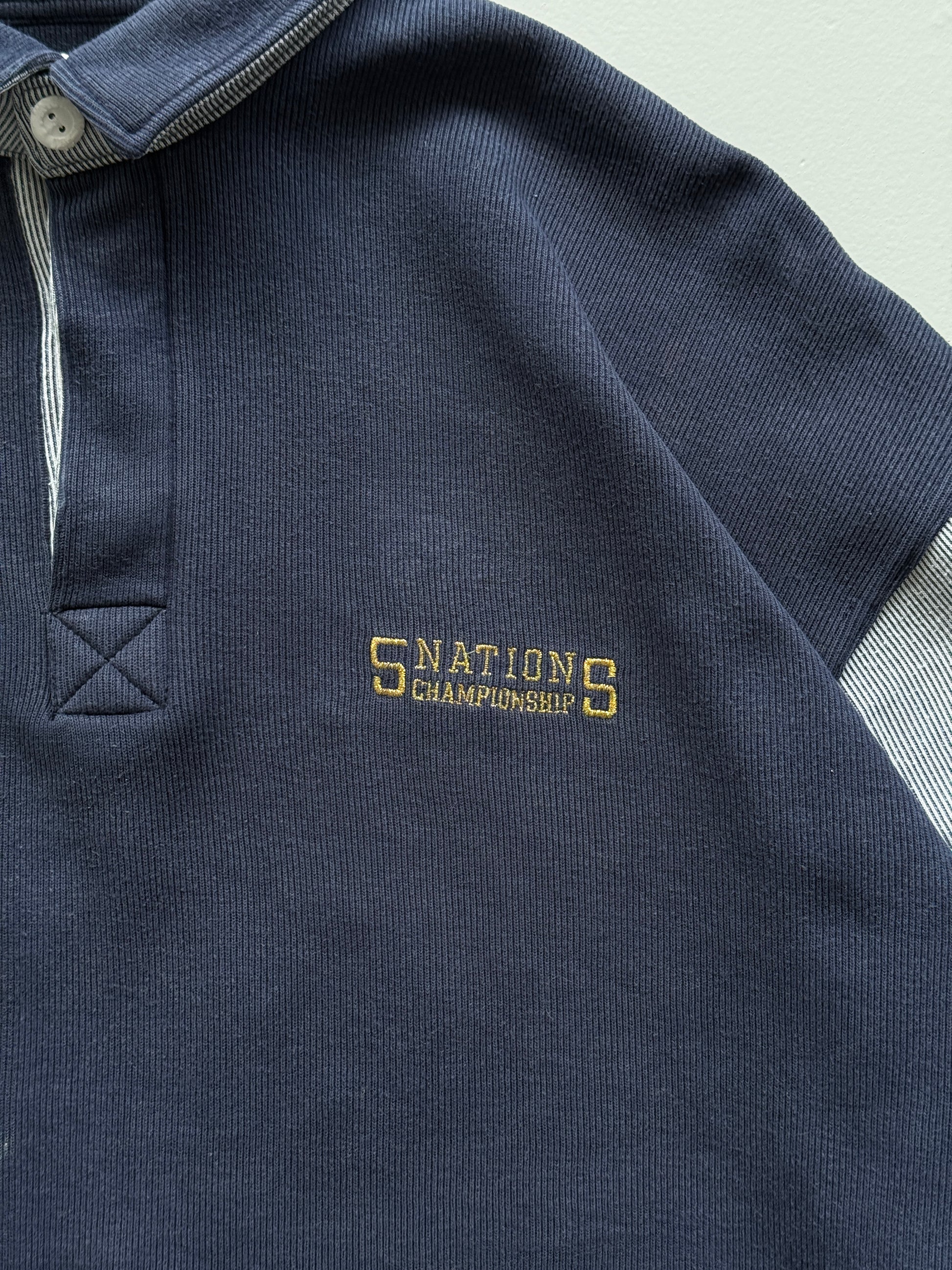 Navy Blue Five Nations 90's Vintage Long Sleeve Rugby Polo Jersey - XL