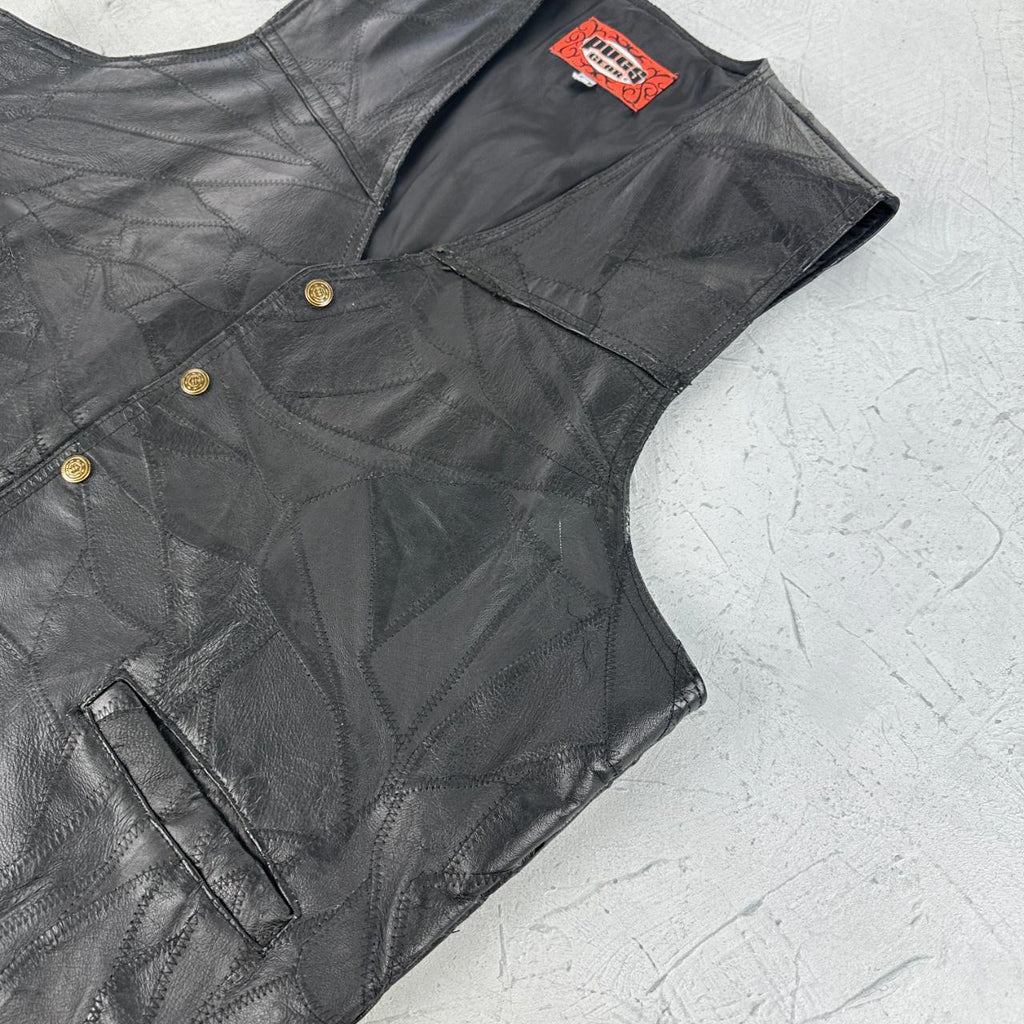 Black Leather 90s Patchwork Biker Waistcoat - Large
