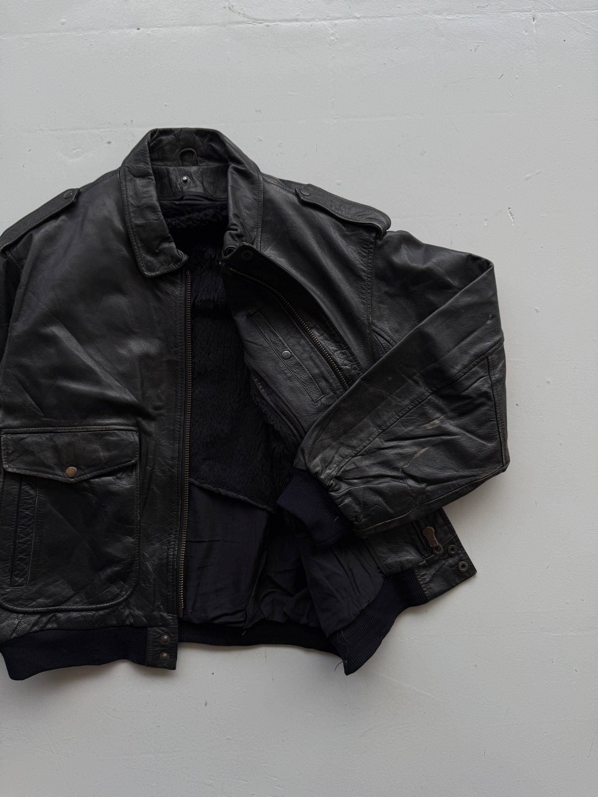 Black A2 Leather Vintage Lined Aviation Bomber Jacket 004 - XL