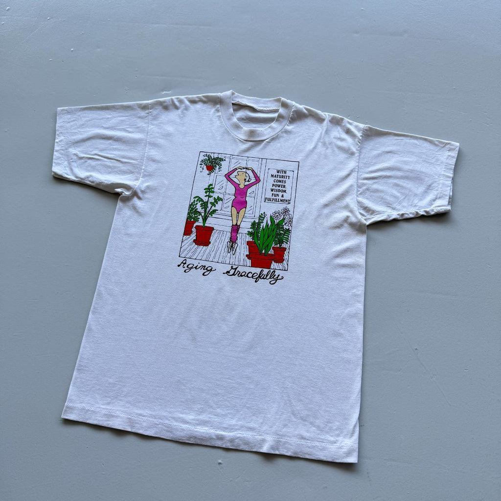 White Aging Gracefully Cartoon Vintage 90s T-shirt - Large