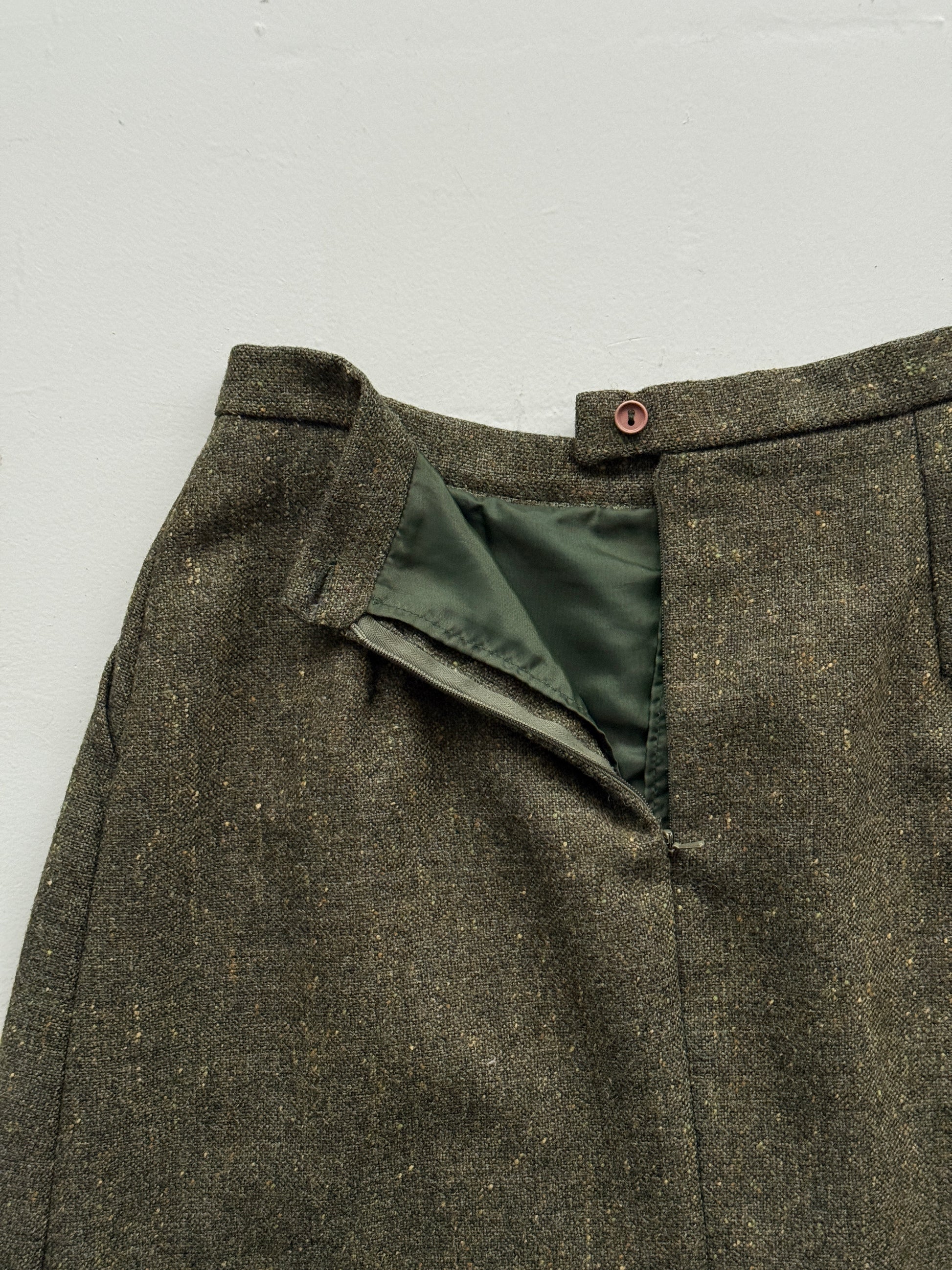 Dark Green Woollen 80's Vintage Midi High Waisted Pleated Pencil Skirt - UK 12