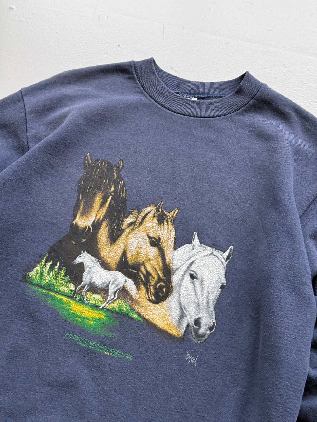 Faded Navy Horse Graphic 90's Vintage Sweatshirt - Small