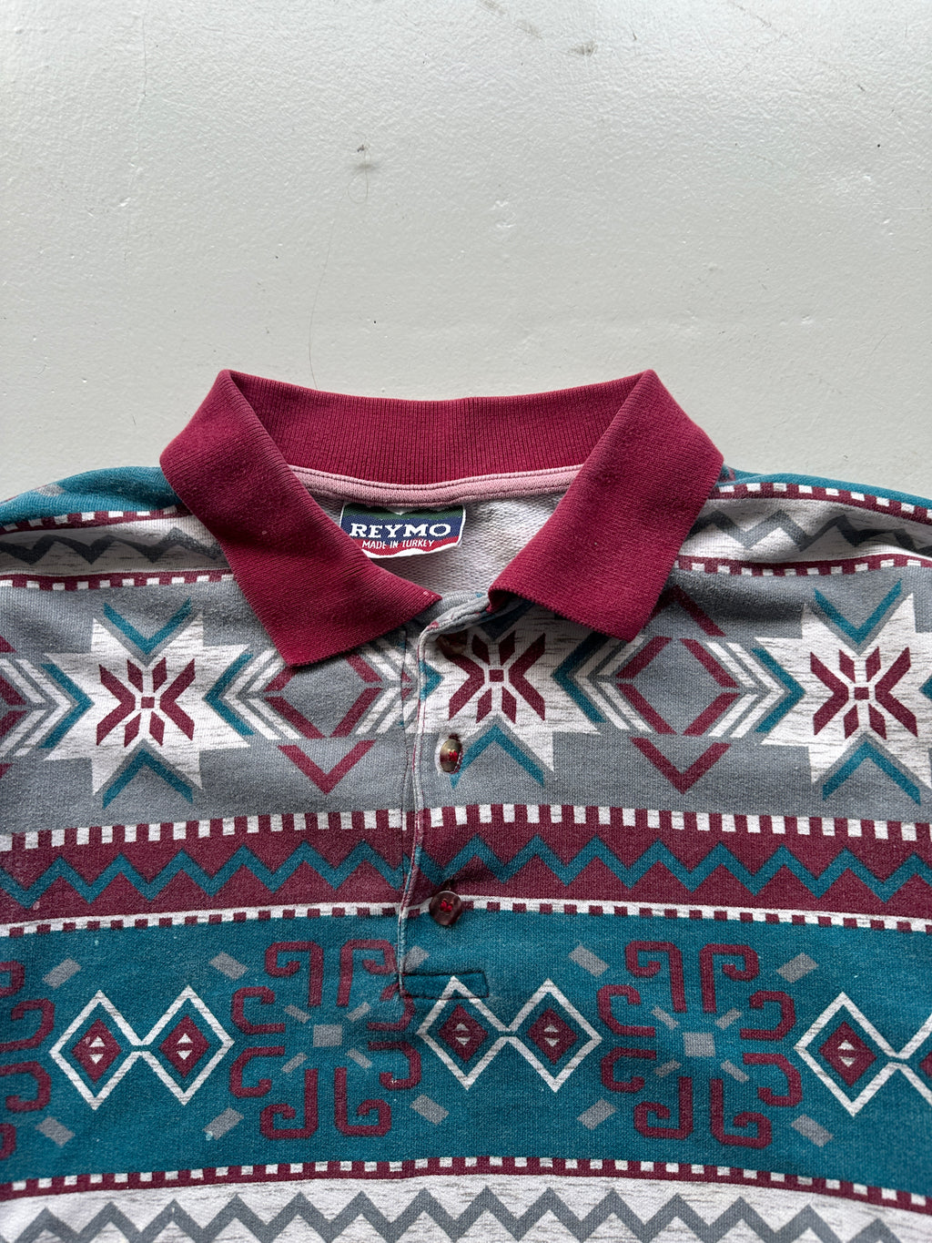 Patterned 90's Quarter Button-Up Vintage Polo Sweatshirt - Small