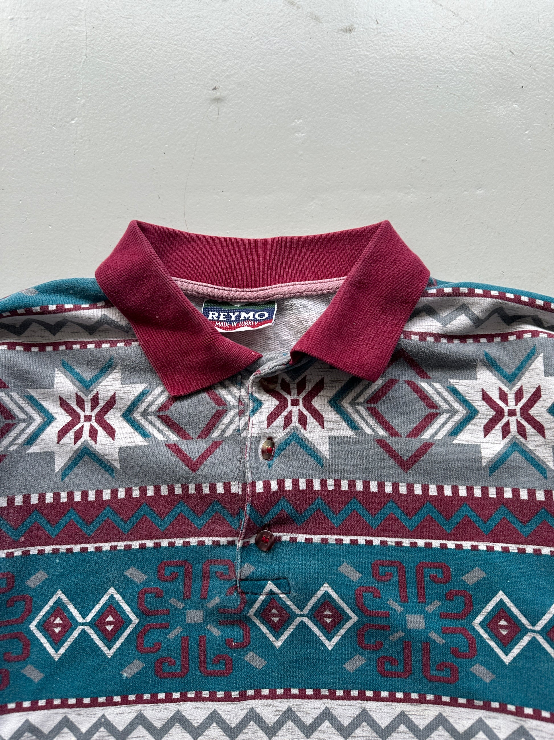 Patterned 90's Quarter Button-Up Vintage Polo Sweatshirt - Small