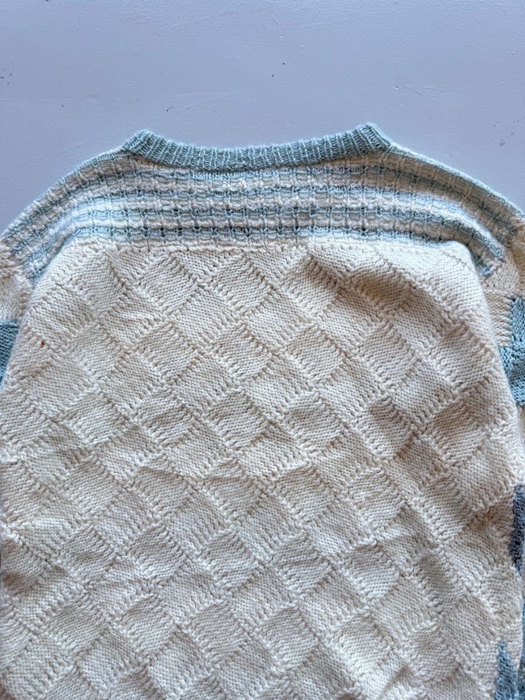 Cream Blue Argyle Knitted Vintage 90's Jumper - Medium