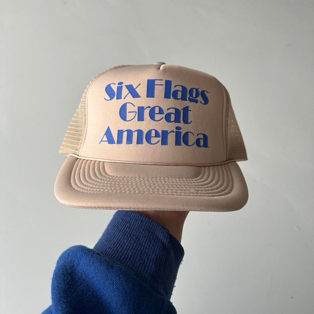 Cream Six Flags Vintage Foam and Mesh SnapBack Trucker Cap