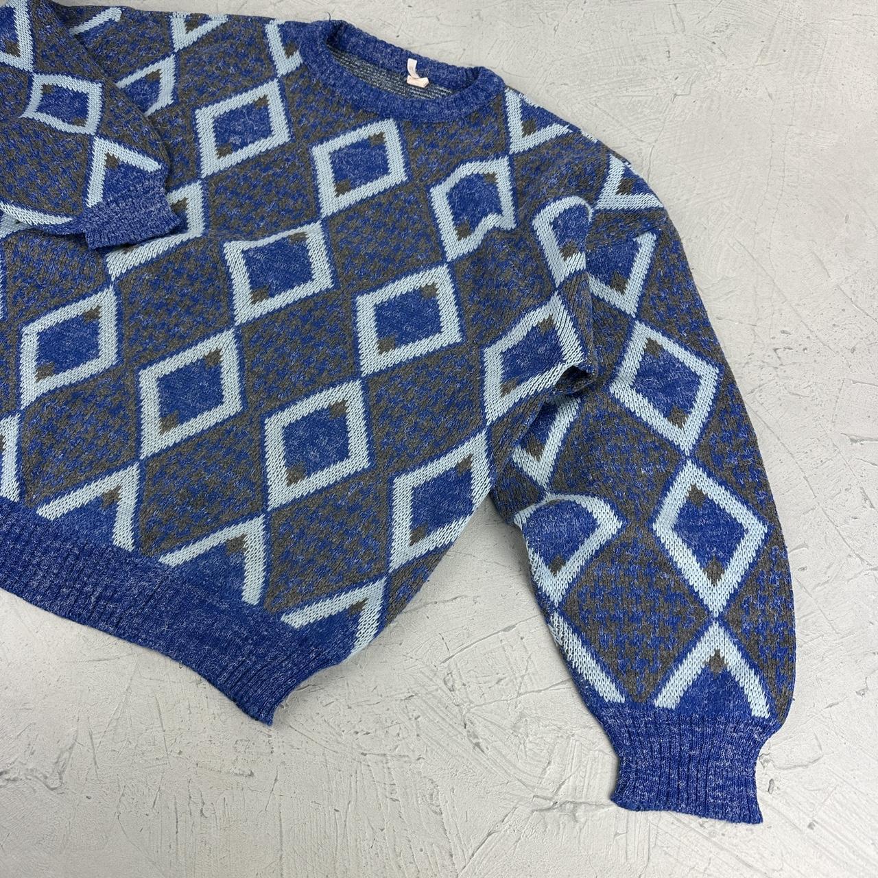 Blue Patterned 80's Knitted Sweatshirt - Medium