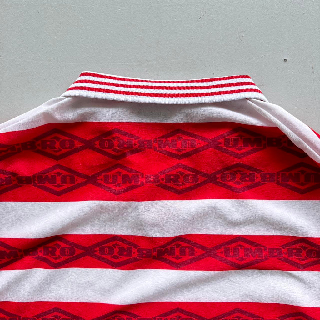 Red Striped 90's Umbro Football Long Sleeved Vintage Shirt - Large