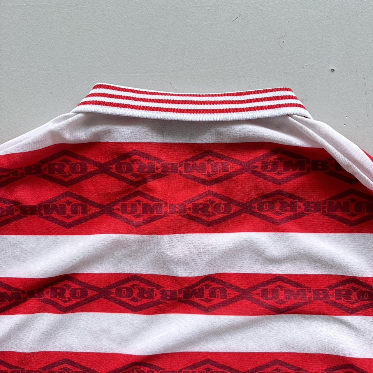 Red Striped 90's Umbro Football Long Sleeved Vintage Shirt - Large
