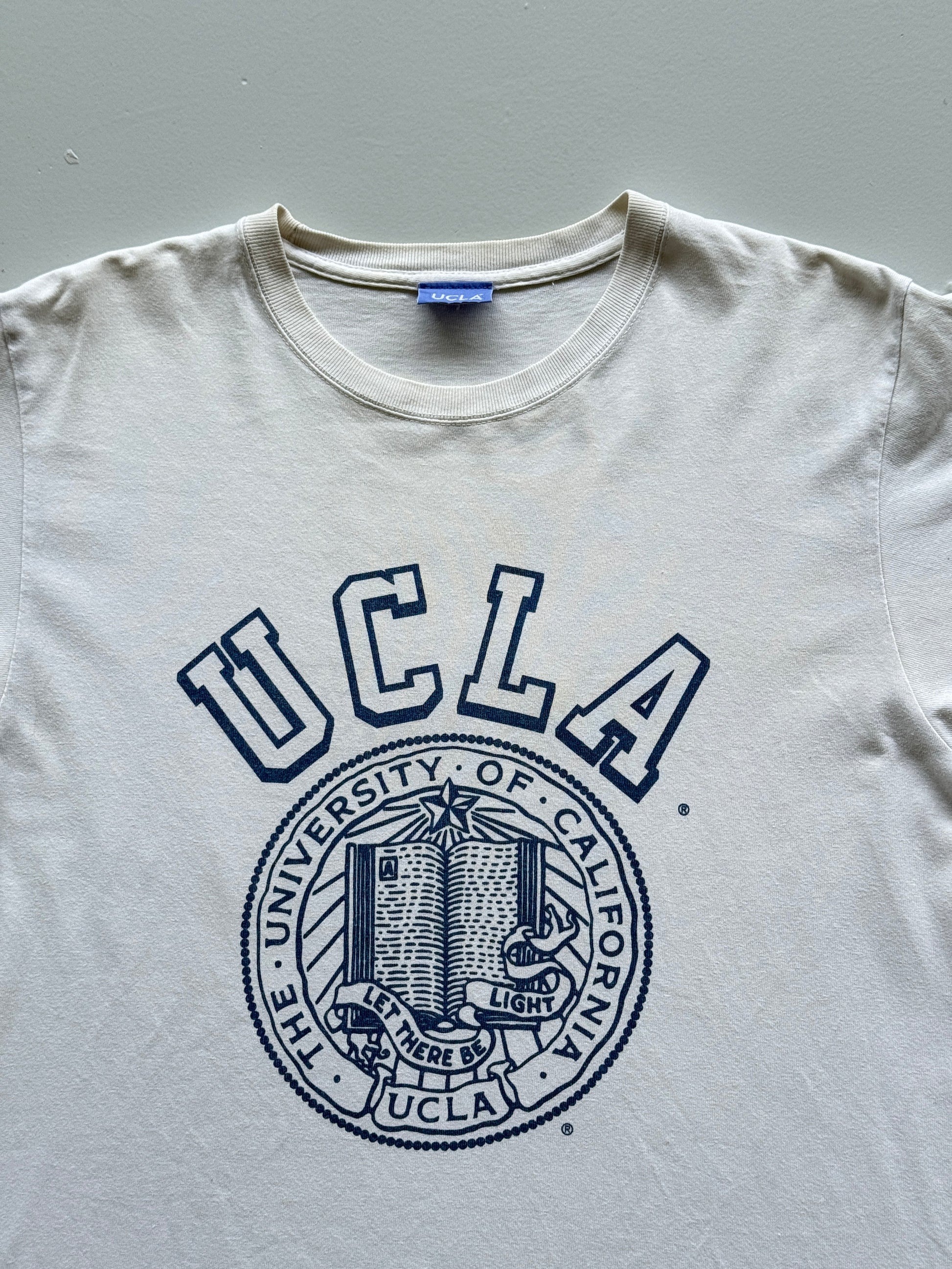 White UCLA 90's Vintage Graphic Collage Spellout T-Shirt - Medium